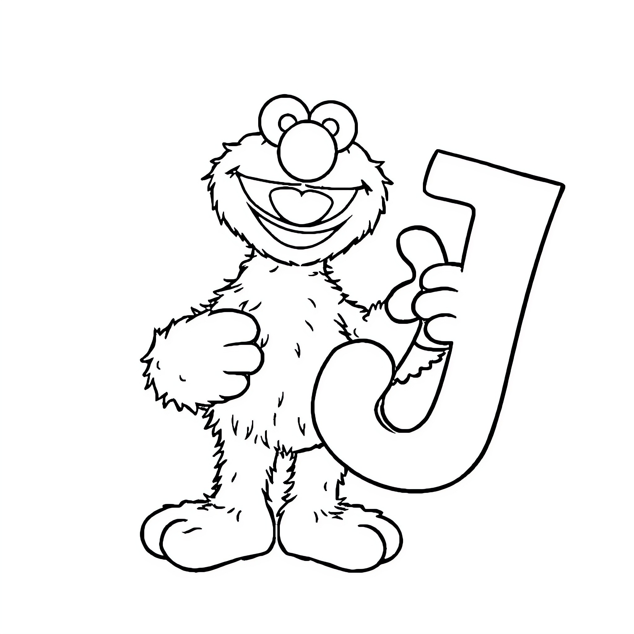 Elmo holding and displaying letter U cheerfully Coloring Page (free black-and-white line drawing printable PDF for all, from beginners to advanced learners, including children, teens, adults, and seniors)