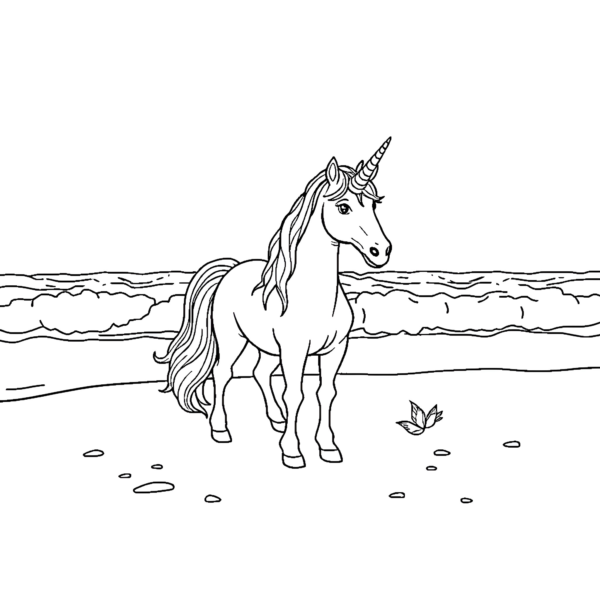 Unicorn standing majestically on the beach Coloring Page (free black-and-white line drawing printable PDF for all, from beginners to advanced learners, including children, teens, adults, and seniors)