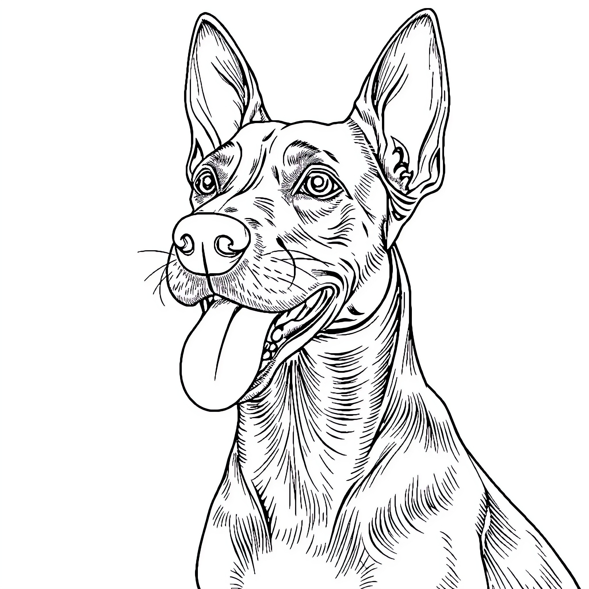 Pinscher with playful expression Coloring Page (free black-and-white line drawing printable PDF for all, from beginners to advanced learners, including children, teens, adults, and seniors)