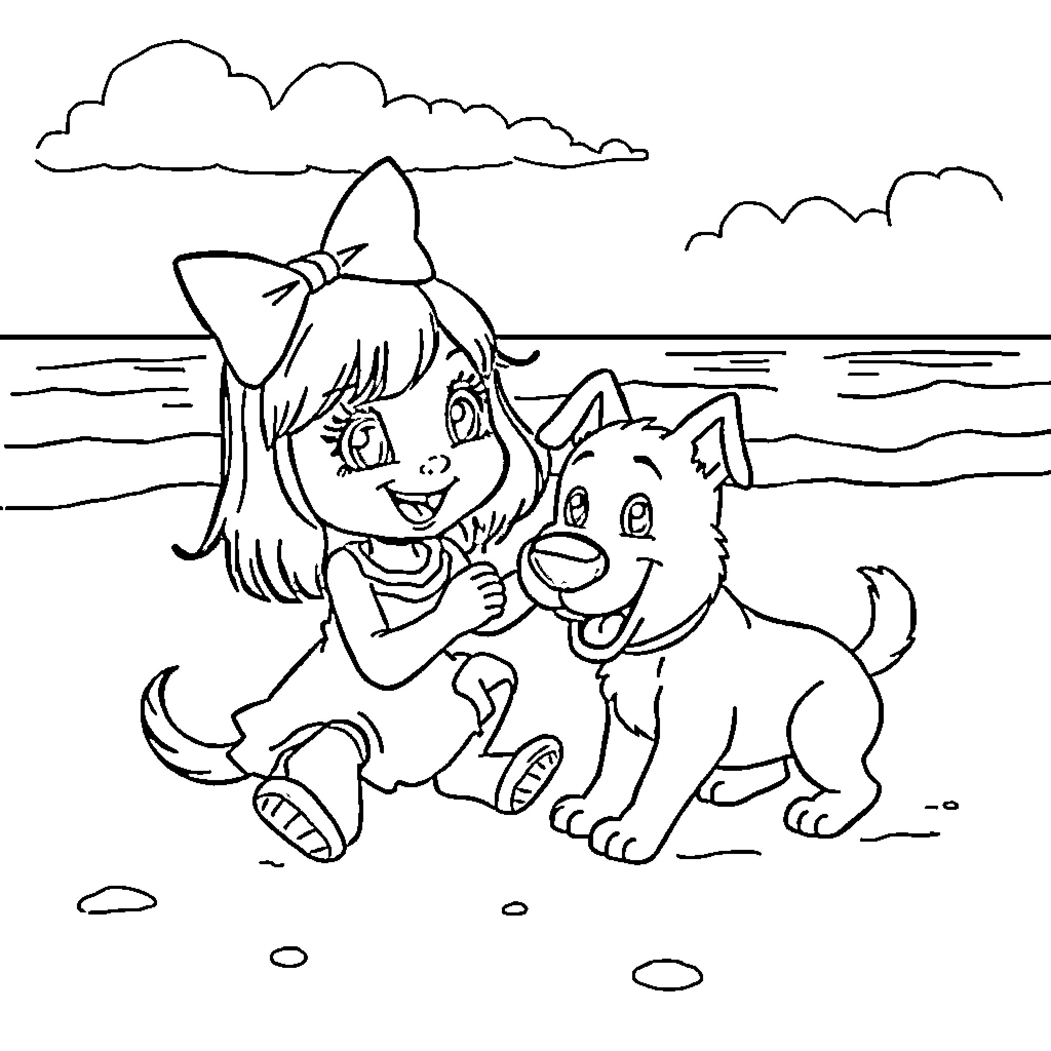 Gabby and her Playful Puppy by the Seaside Coloring Page (free black-and-white line drawing printable PDF for all, from beginners to advanced learners, including children, teens, adults, and seniors)