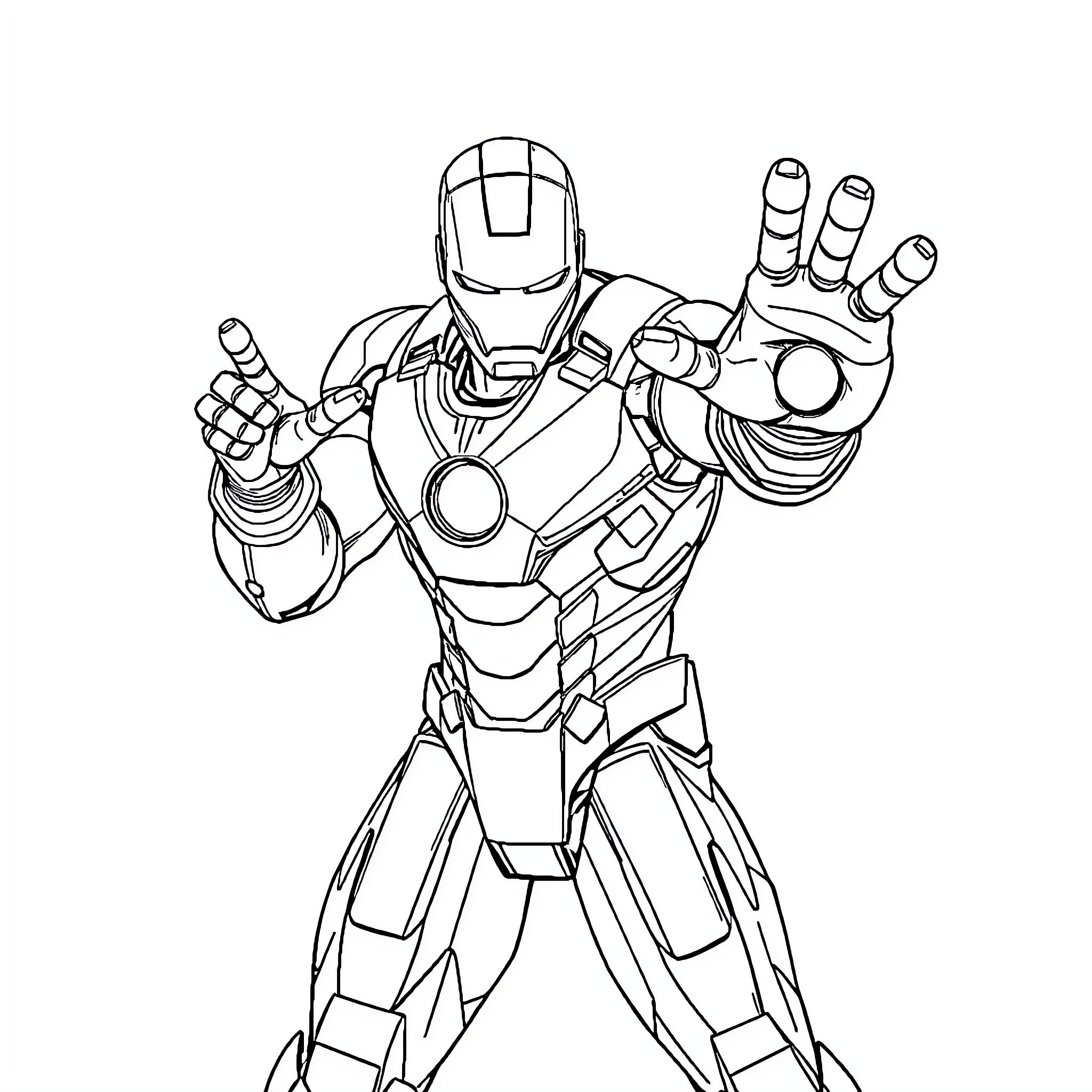 Iron Man striking a heroic pose Coloring Page (free black-and-white line drawing printable PDF for all, from beginners to advanced learners, including children, teens, adults, and seniors)