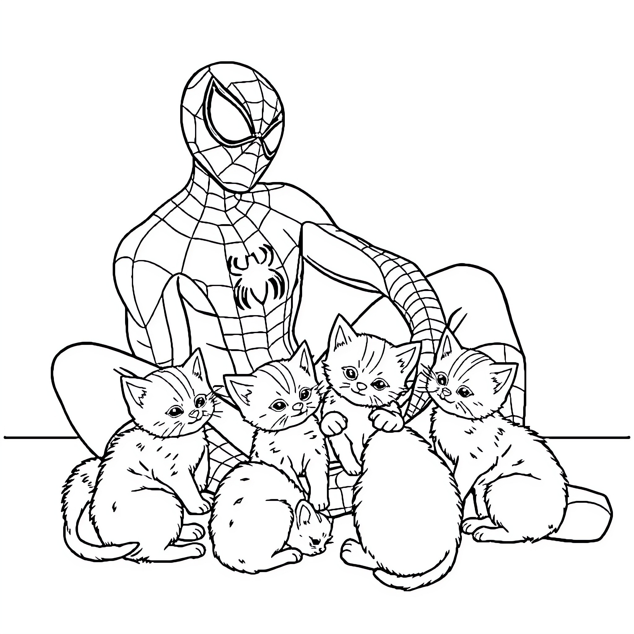 Spiderman protects adorable kittens Coloring Page (free black-and-white line drawing printable PDF for all, from beginners to advanced learners, including children, teens, adults, and seniors)