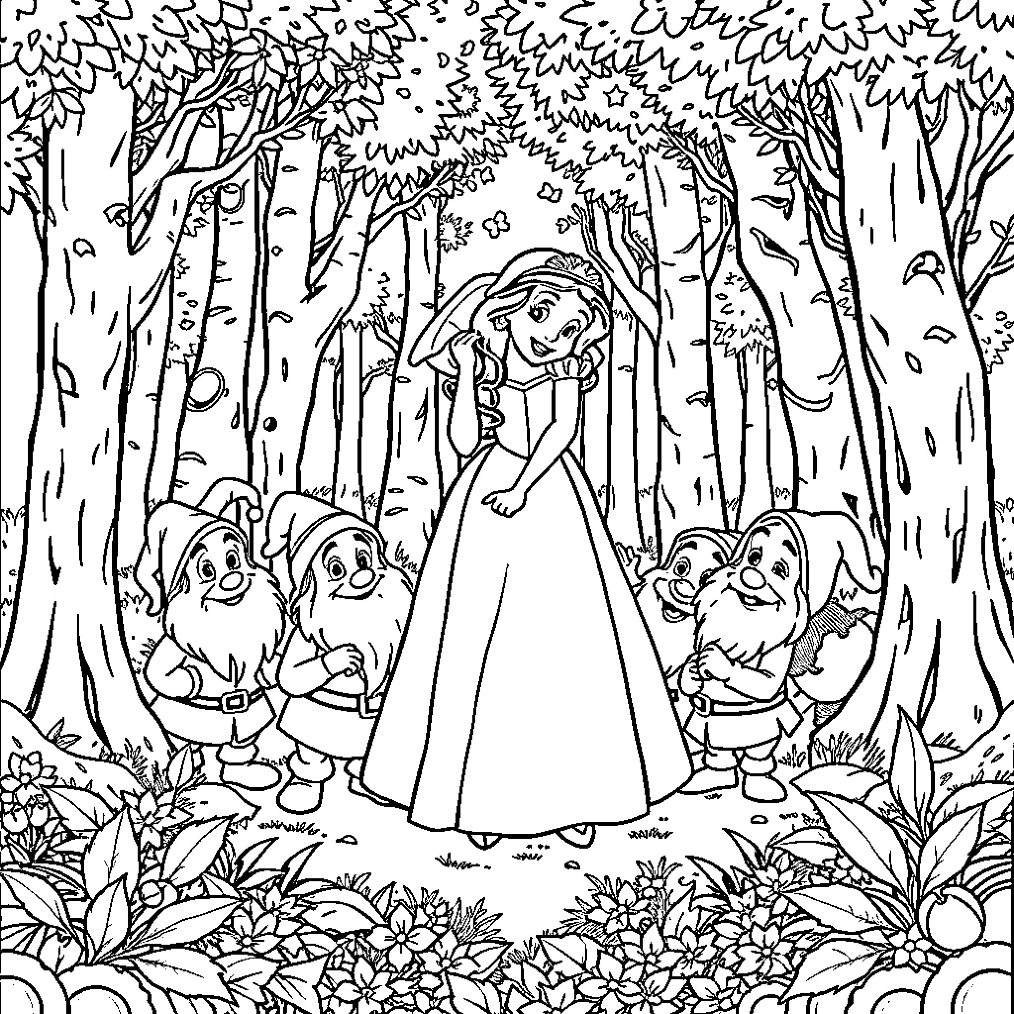 Snow White in the enchanted forest with dwarfs Coloring Page (free black-and-white line drawing printable PDF for all, from beginners to advanced learners, including children, teens, adults, and seniors)