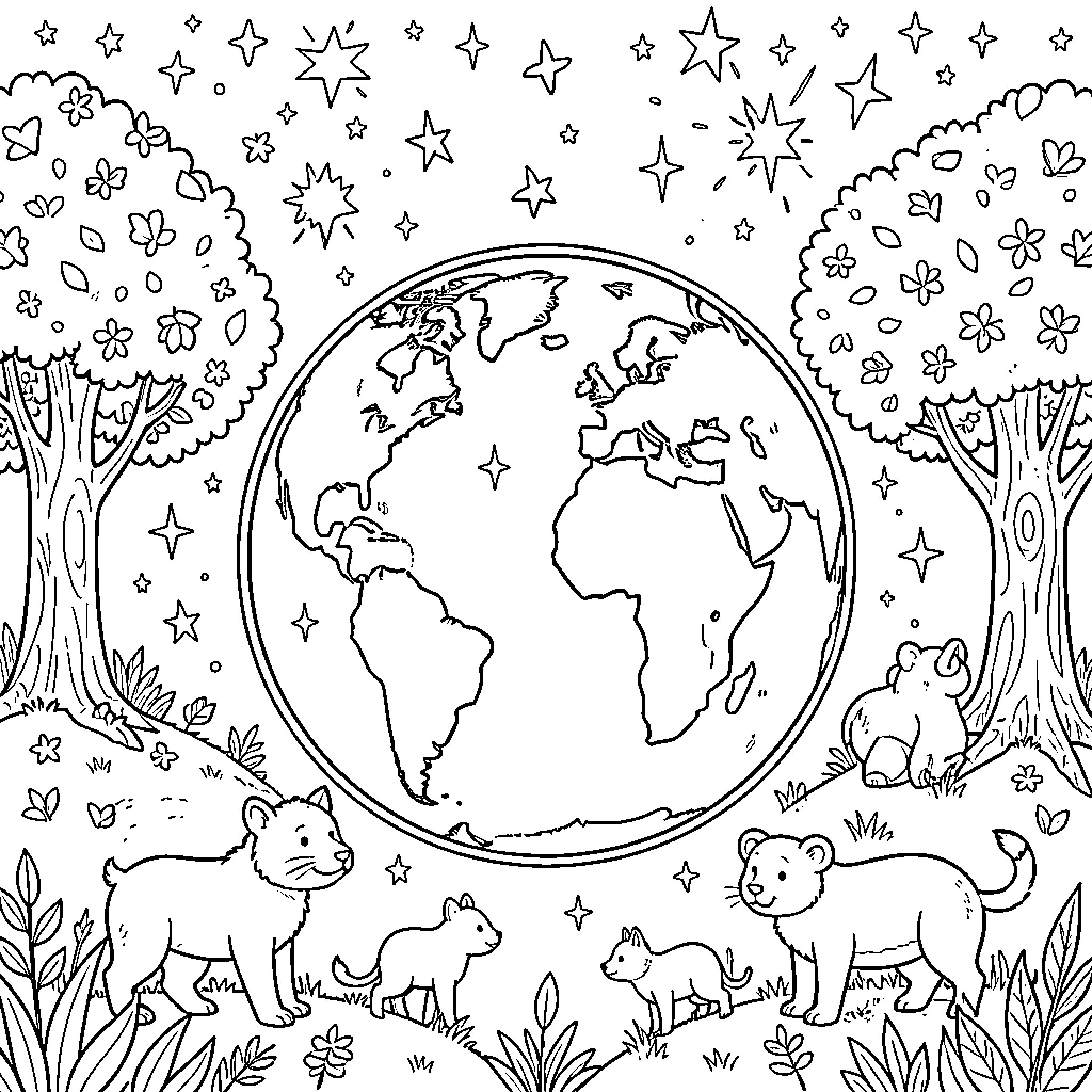 God's Wondrous Creation - The Diverse World Coloring Page (free black-and-white line drawing printable PDF for all, from beginners to advanced learners, including children, teens, adults, and seniors)