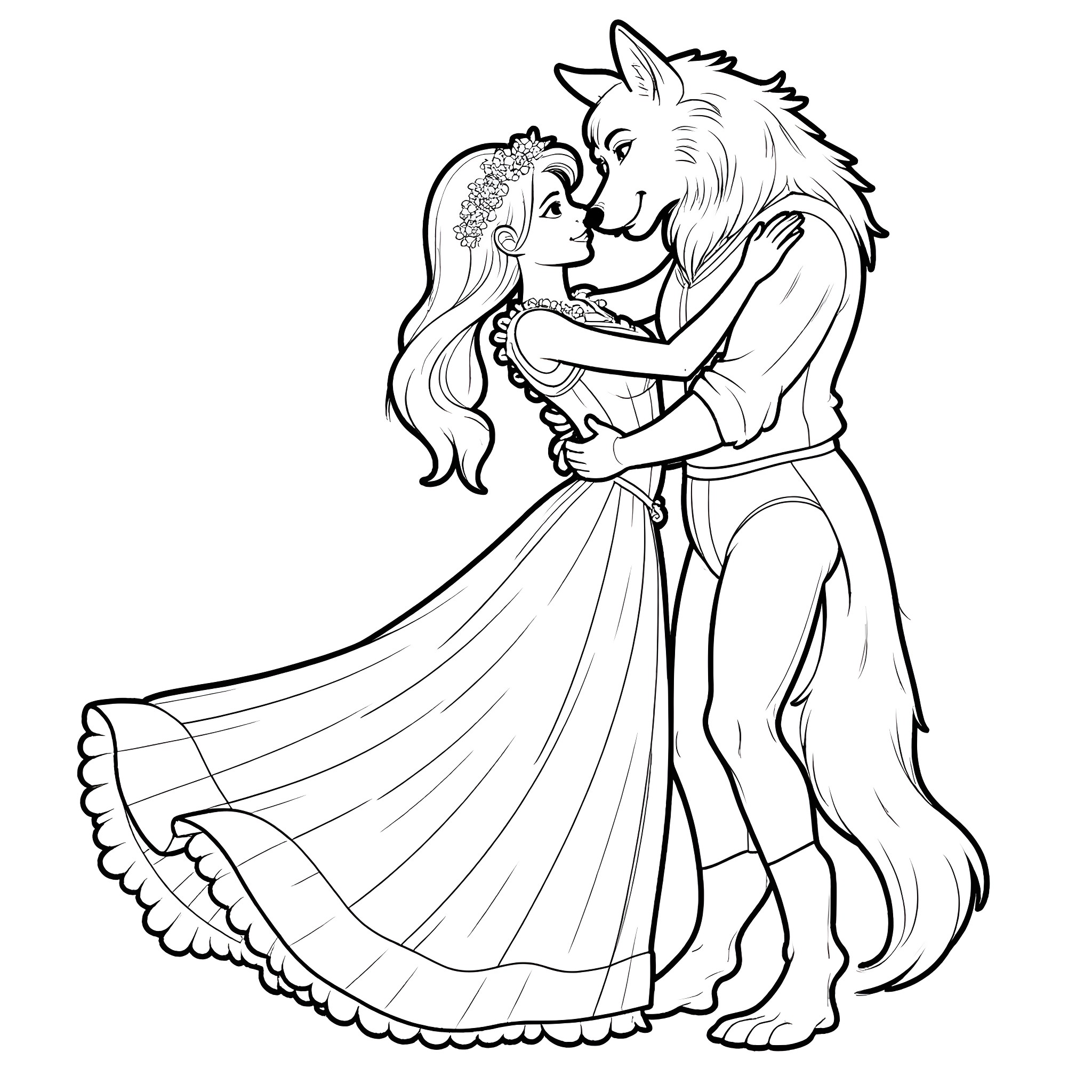 Werewolf's enchanting dance with princess Coloring Page (free black-and-white line drawing printable PDF for all, from beginners to advanced learners, including children, teens, adults, and seniors)