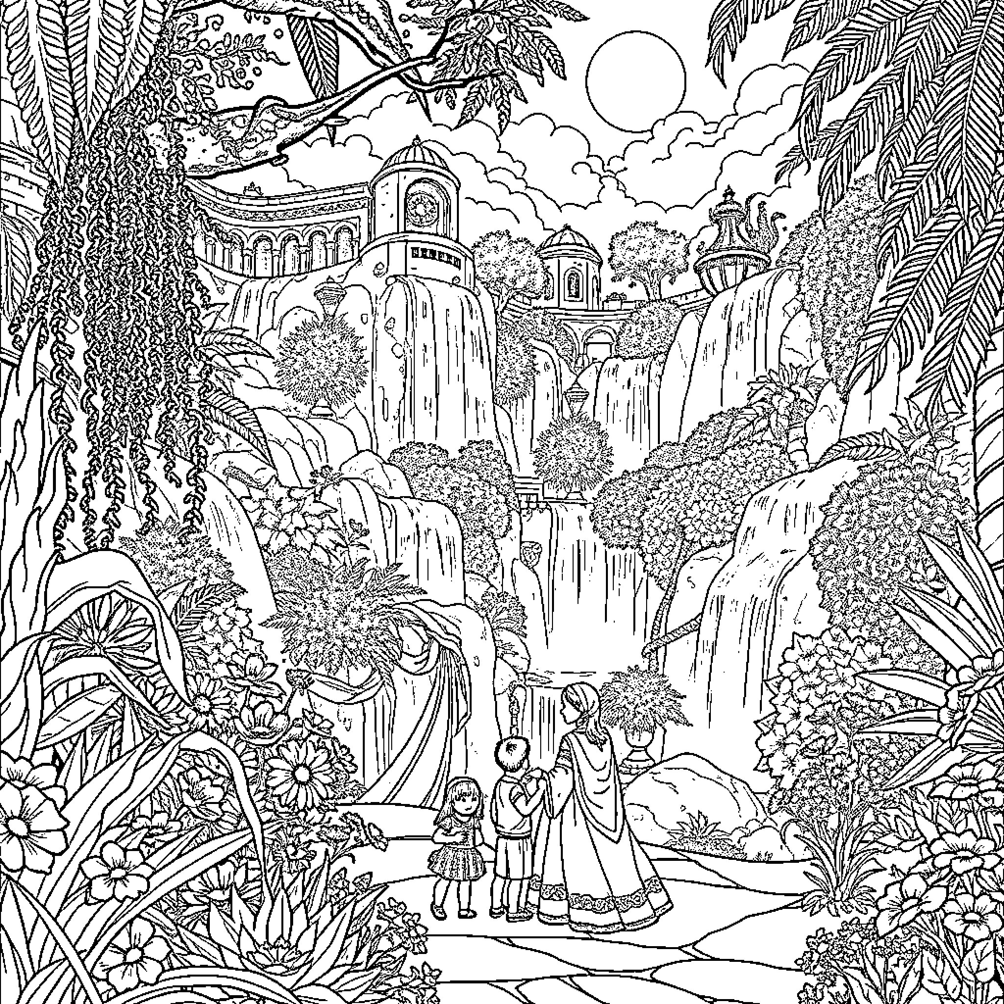 Family Exploring the Enchanting Jungle Landscape Coloring Page (free black-and-white line drawing printable PDF for all, from beginners to advanced learners, including children, teens, adults, and seniors)