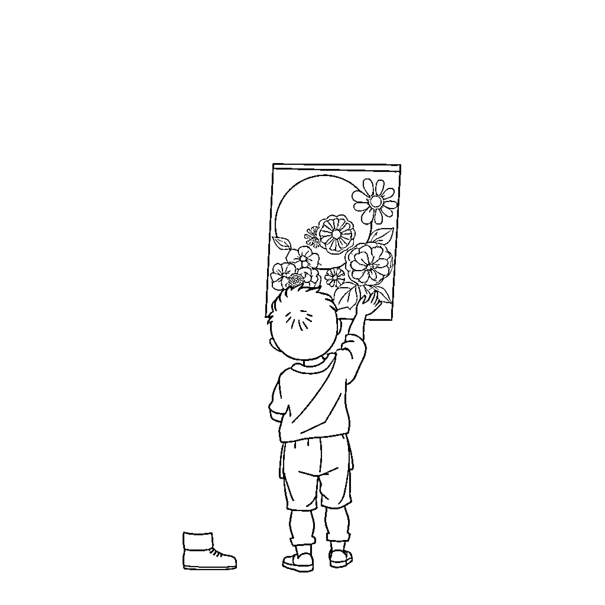 Child coloring and drawing a floral image Coloring Page (free black-and-white line drawing printable PDF for all, from beginners to advanced learners, including children, teens, adults, and seniors)