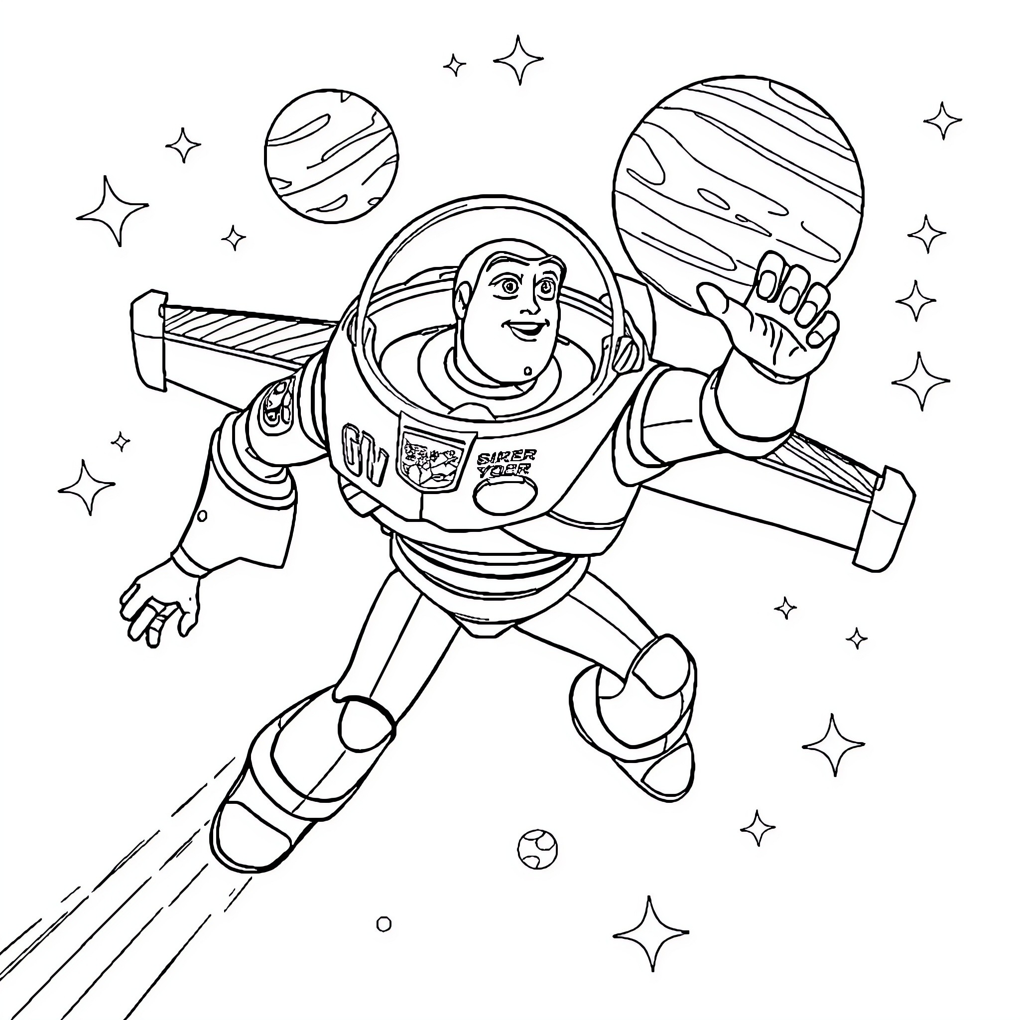 Buzz Lightyear flying through space Coloring Page (free black-and-white line drawing printable PDF for all, from beginners to advanced learners, including children, teens, adults, and seniors)