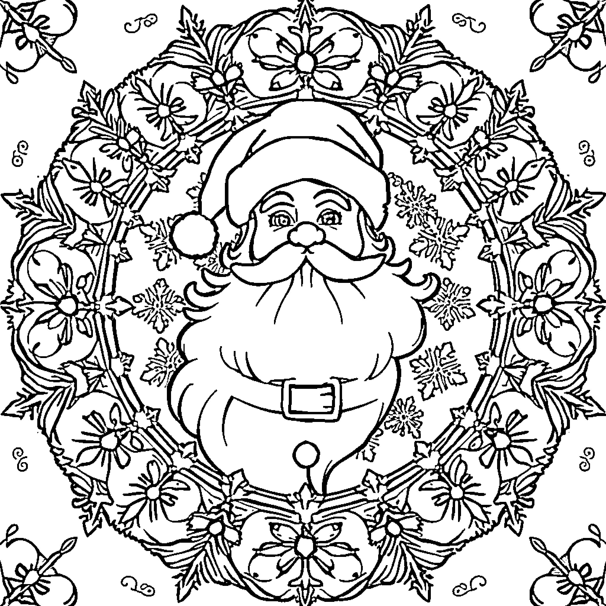 Santa in festive floral wreath Coloring Page (free black-and-white line drawing printable PDF for all, from beginners to advanced learners, including children, teens, adults, and seniors)