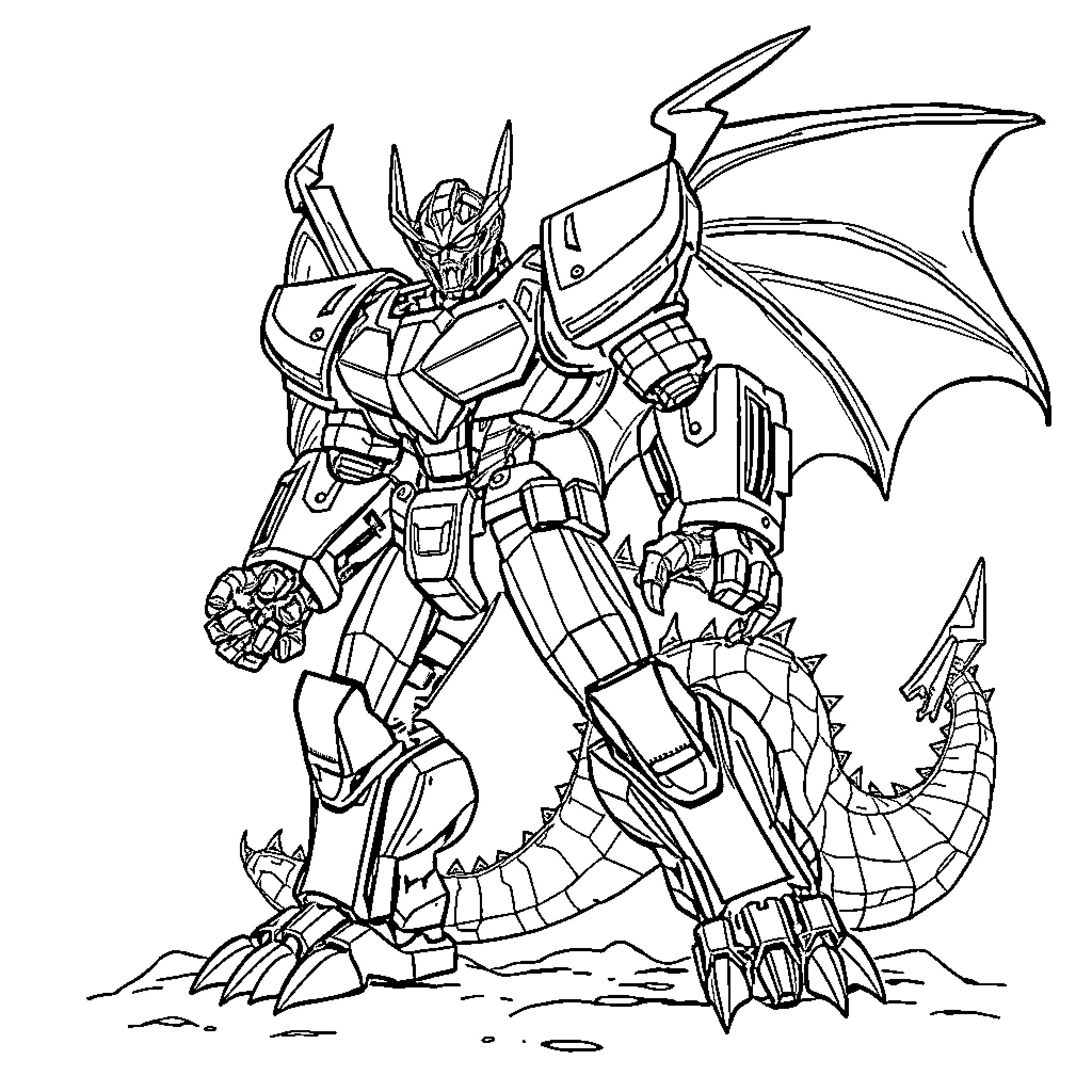 Robot warrior with wings and dragon-like features Coloring Page (free black-and-white line drawing printable PDF for all, from beginners to advanced learners, including children, teens, adults, and seniors)