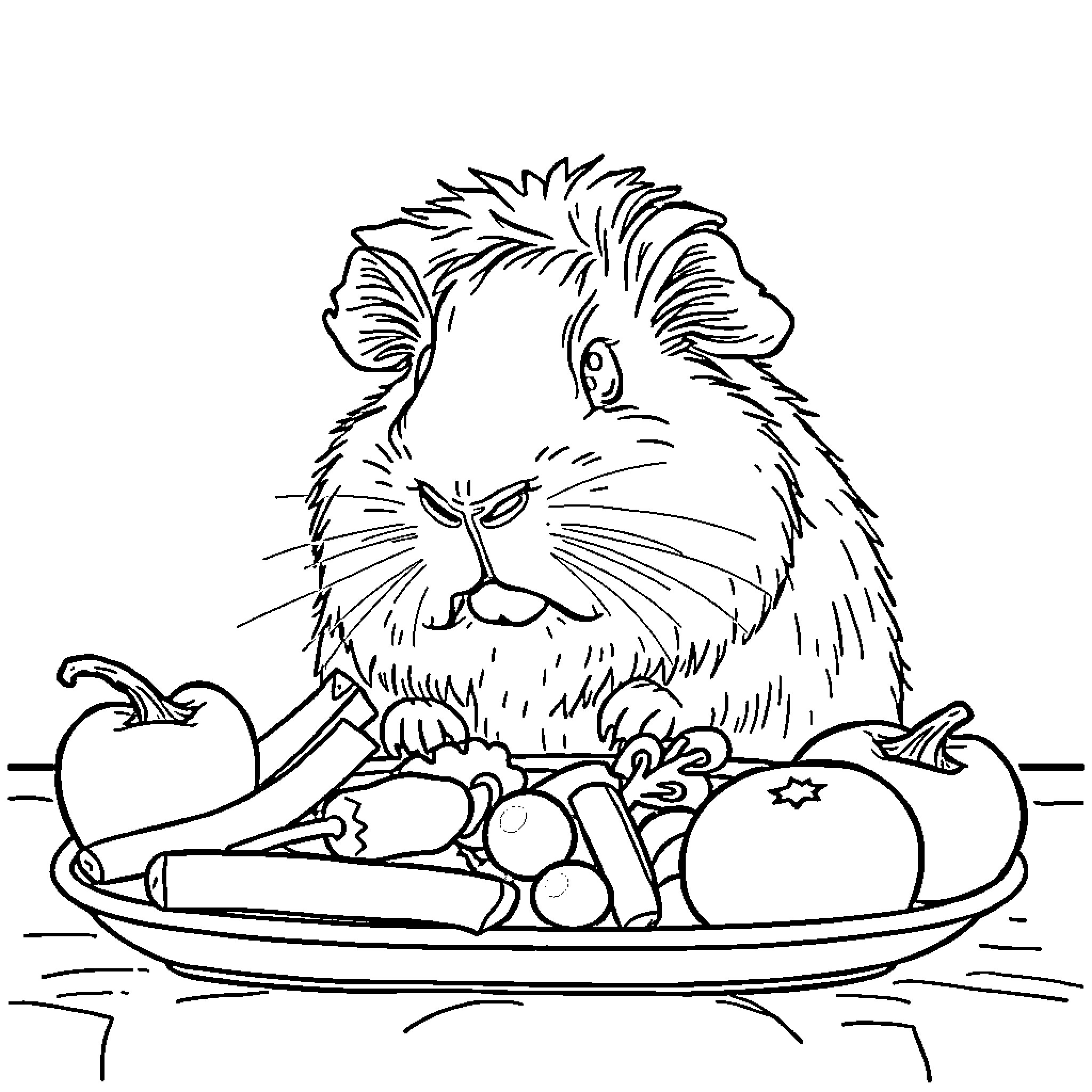 Guinea Pig enjoying a healthy meal Coloring Page (free black-and-white line drawing printable PDF for all, from beginners to advanced learners, including children, teens, adults, and seniors)