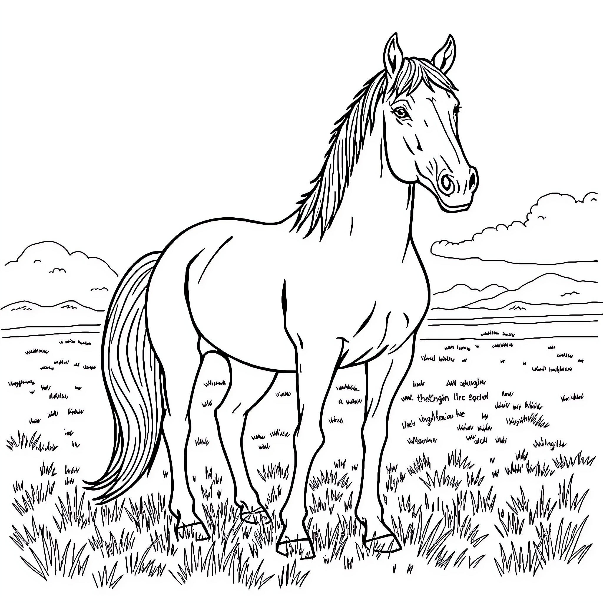 Horse standing in a natural landscape Coloring Page (free black-and-white line drawing printable PDF for all, from beginners to advanced learners, including children, teens, adults, and seniors)