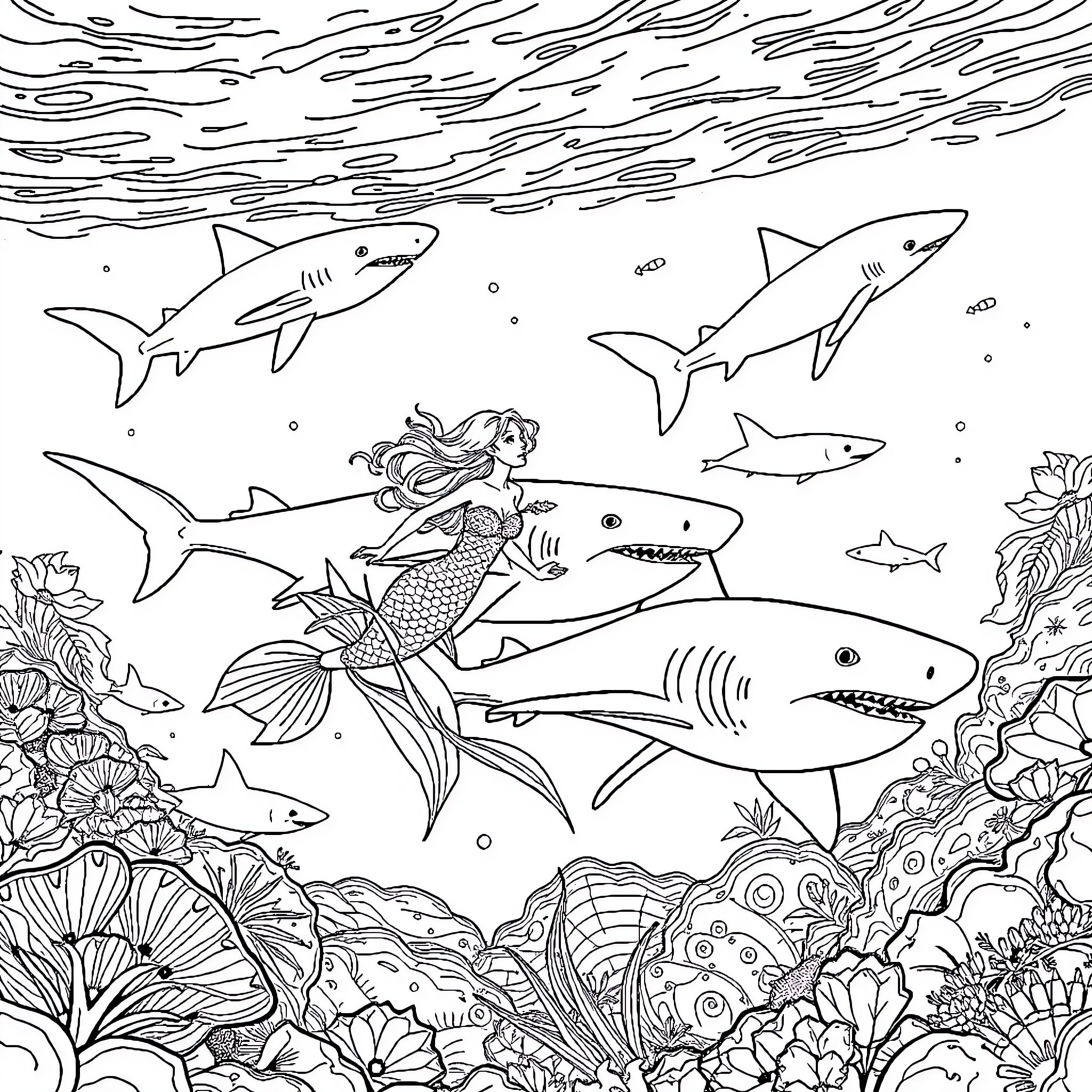 Mermaid swimming with sharks in the deep sea Coloring Page (free black-and-white line drawing printable PDF for all, from beginners to advanced learners, including children, teens, adults, and seniors)