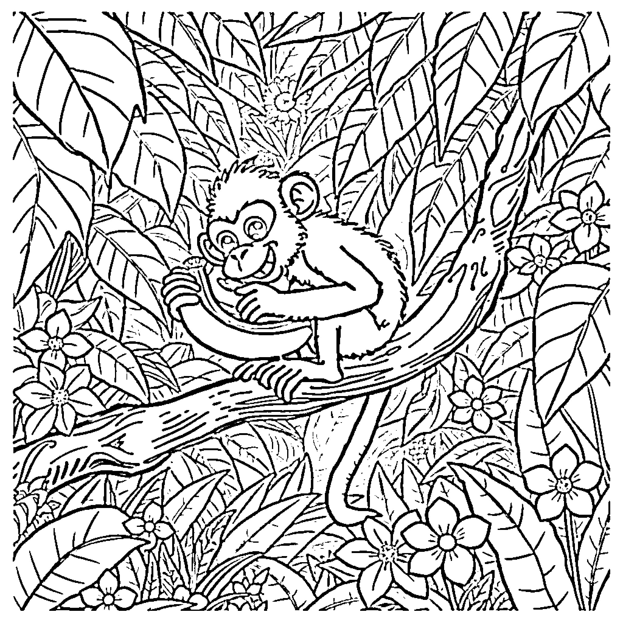 Monkey playing in a lush jungle landscape Coloring Page (free black-and-white line drawing printable PDF for all, from beginners to advanced learners, including children, teens, adults, and seniors)