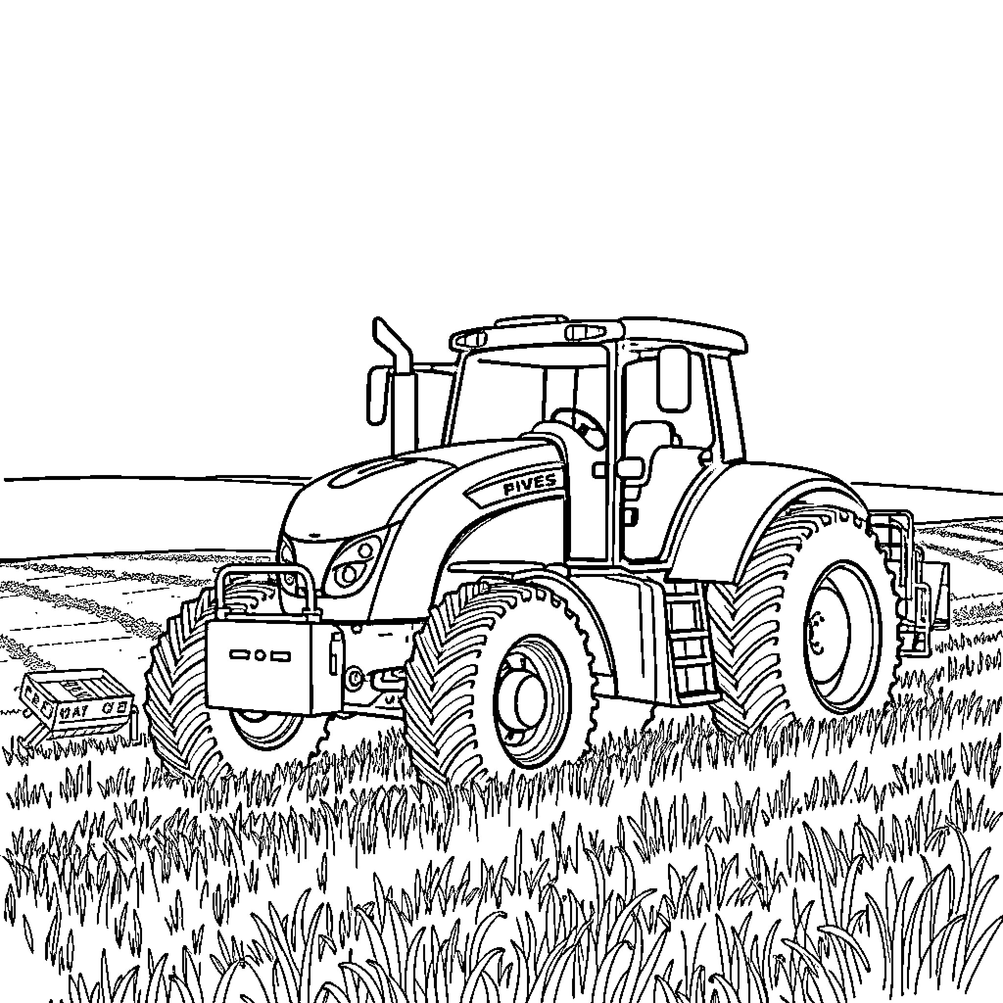 Tractor plowing through grassy field Coloring Page (free black-and-white line drawing printable PDF for all, from beginners to advanced learners, including children, teens, adults, and seniors)