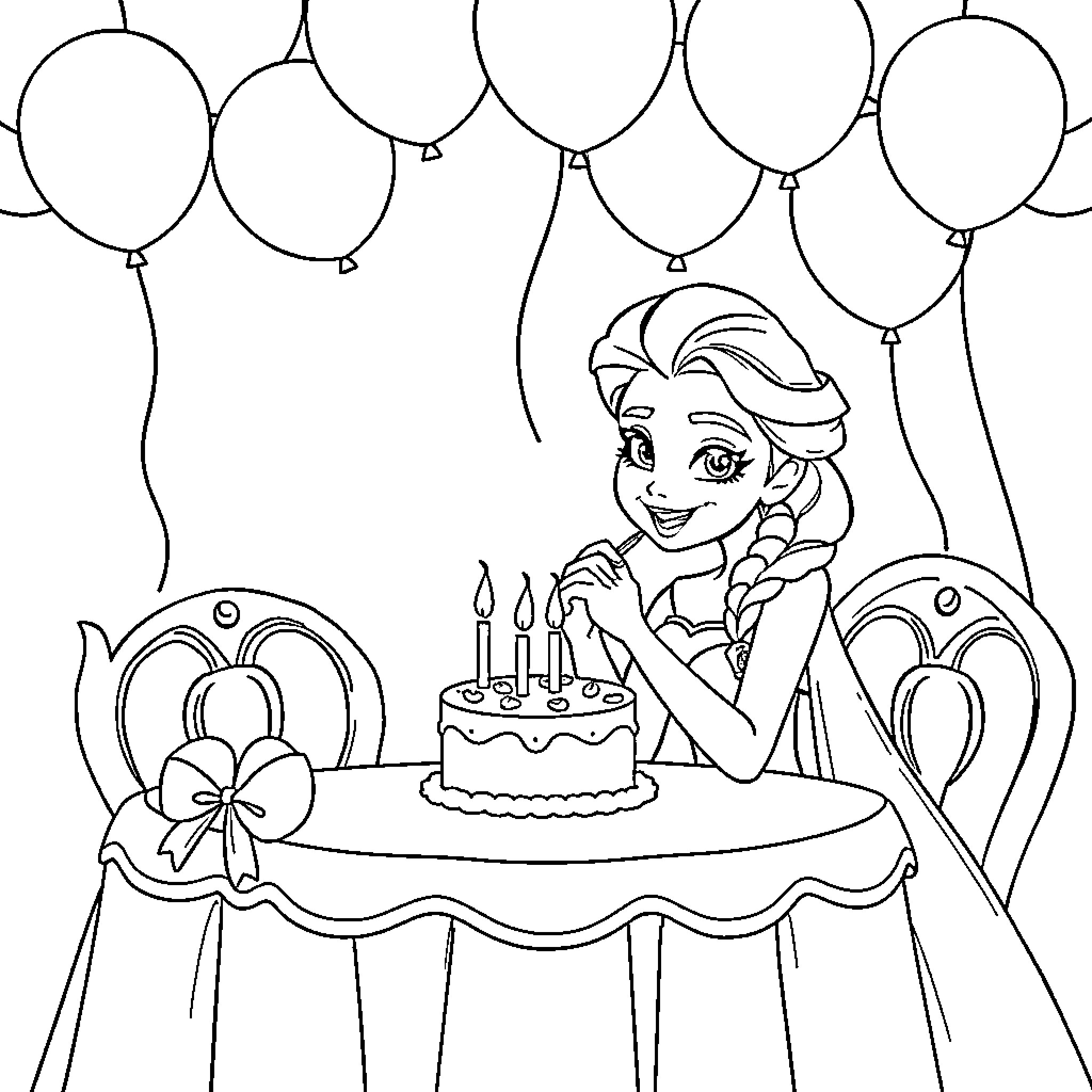 Elsa celebrating her birthday with cake and balloons Coloring Page (free black-and-white line drawing printable PDF for all, from beginners to advanced learners, including children, teens, adults, and seniors)