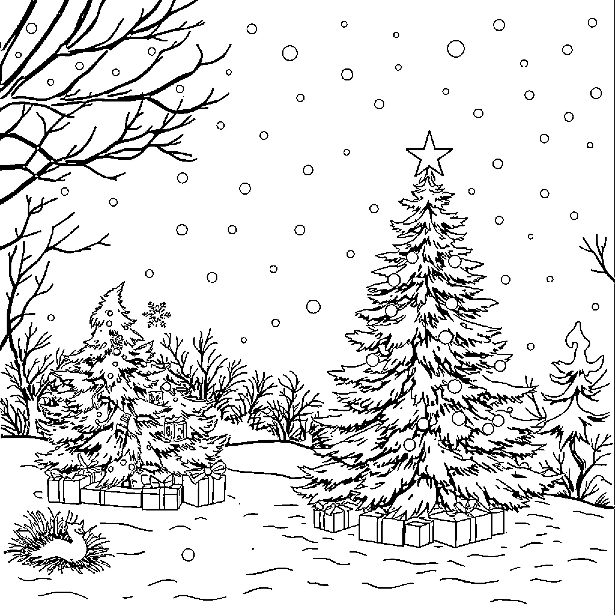 Christmas scene with snowy forest and decorated trees Coloring Page (free black-and-white line drawing printable PDF for all, from beginners to advanced learners, including children, teens, adults, and seniors)