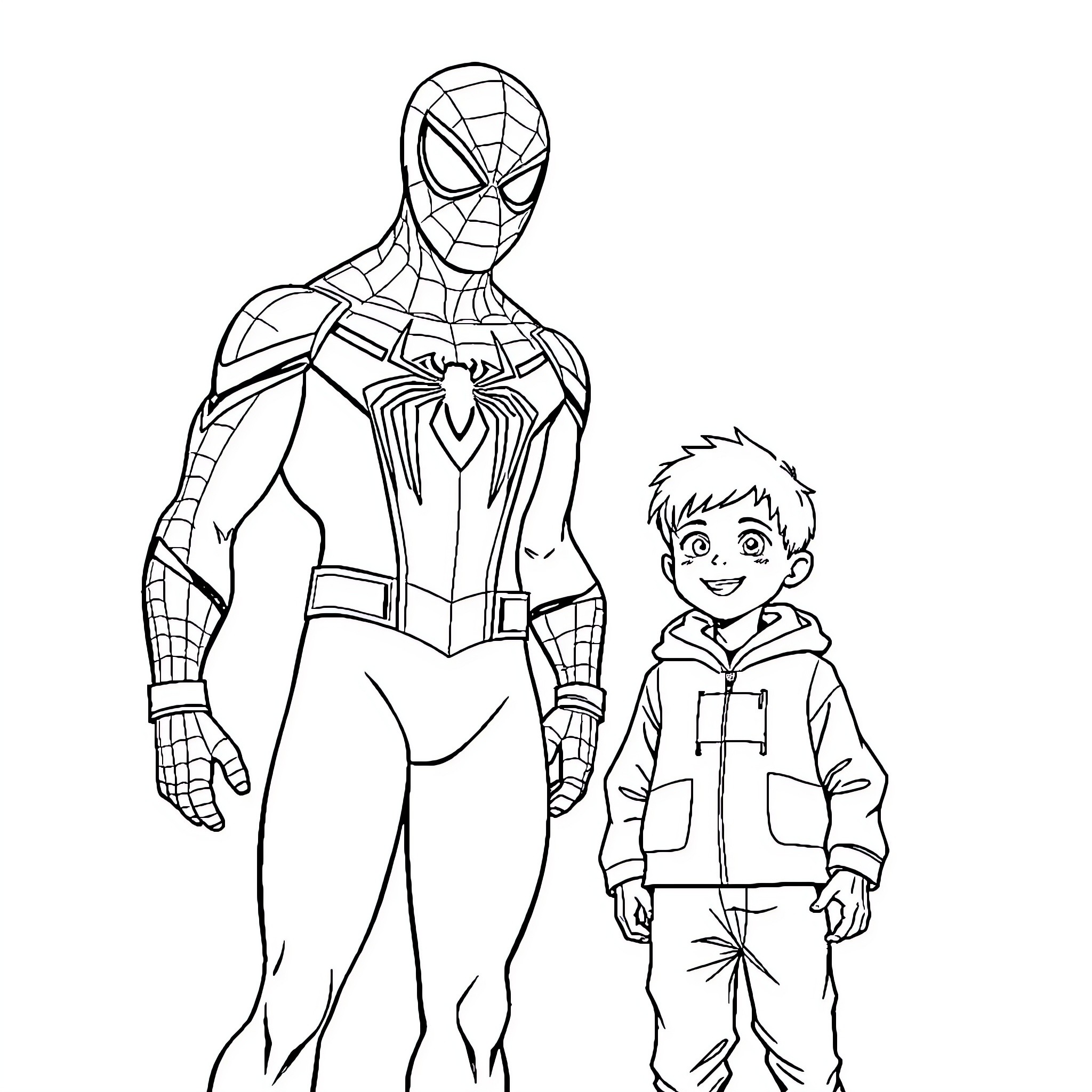 Spiderman and a young boy standing together Coloring Page (free black-and-white line drawing printable PDF for all, from beginners to advanced learners, including children, teens, adults, and seniors)