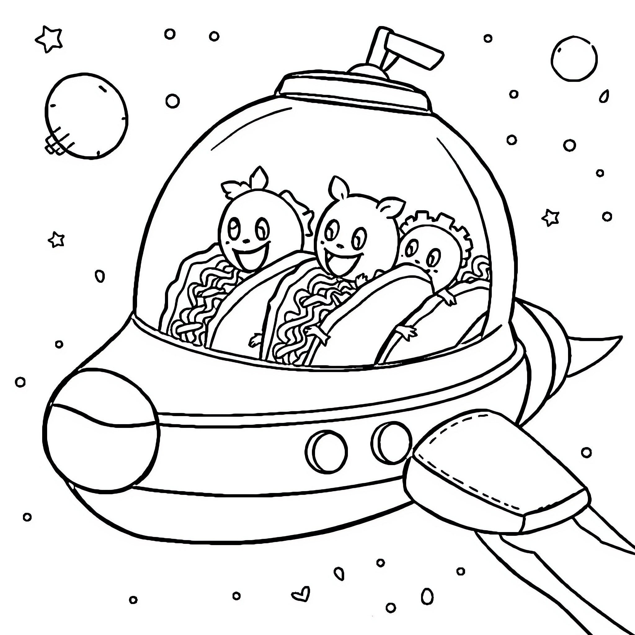 Taco Spaceship Adventure Coloring Page (free black-and-white line drawing printable PDF for all, from beginners to advanced learners, including children, teens, adults, and seniors)