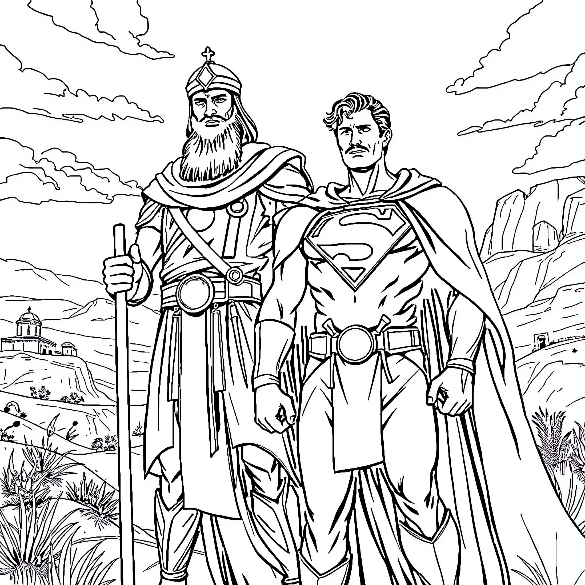 Saladin and Superman in Heroic Encounter Coloring Page (free black-and-white line drawing printable PDF for all, from beginners to advanced learners, including children, teens, adults, and seniors)