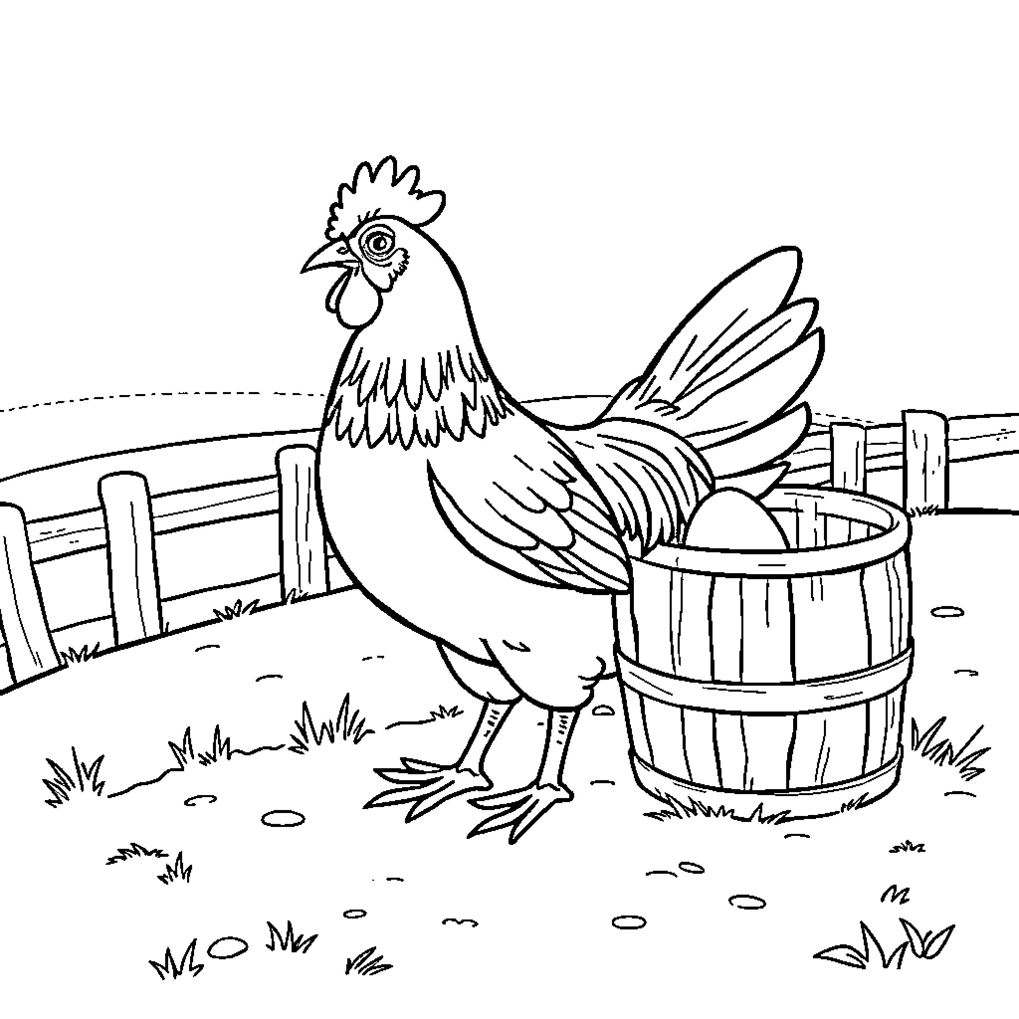 Chicken standing guard by a wooden barrel Coloring Page (free black-and-white line drawing printable PDF for all, from beginners to advanced learners, including children, teens, adults, and seniors)