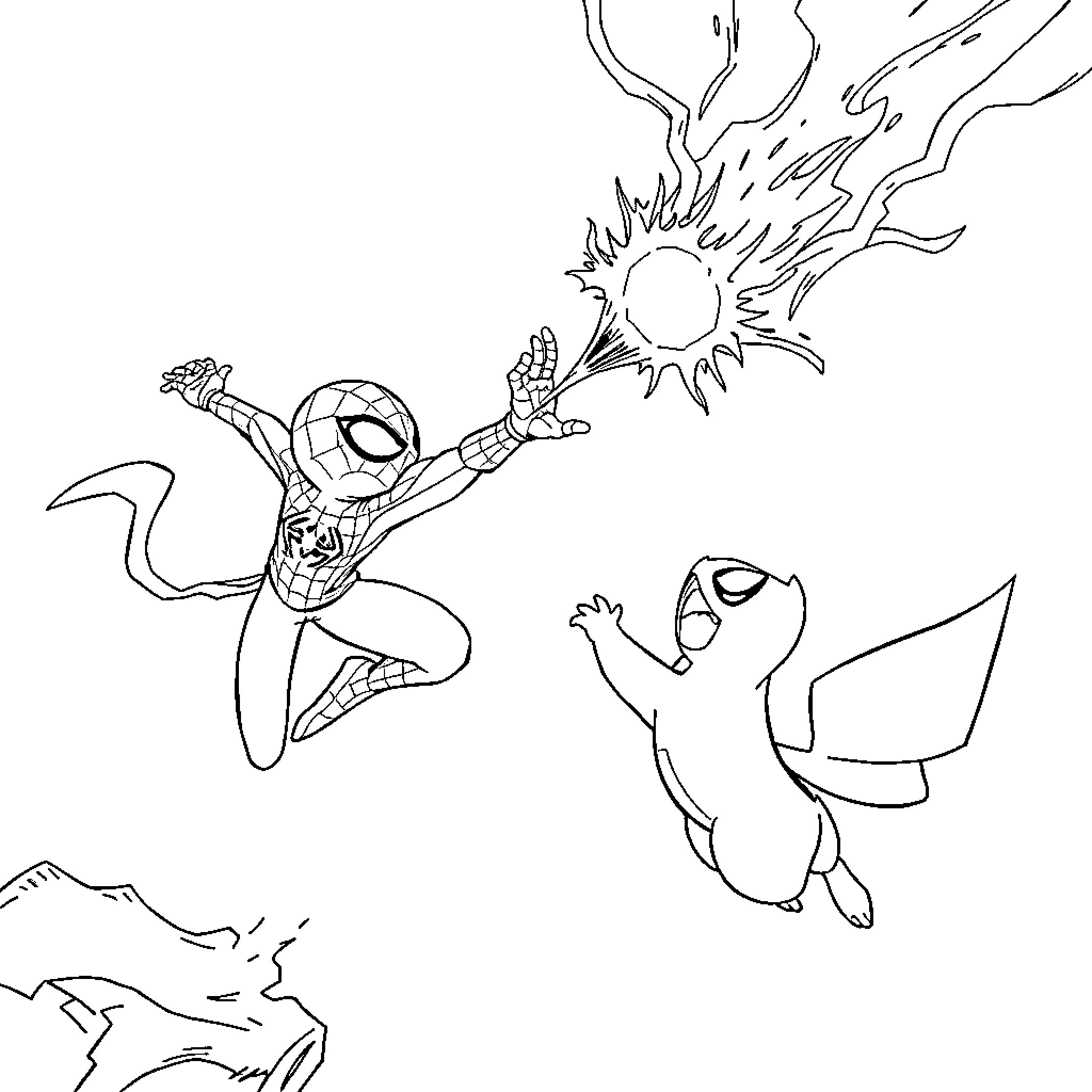 Pokémon Characters Battling in Dramatic Scene Coloring Page (free black-and-white line drawing printable PDF for all, from beginners to advanced learners, including children, teens, adults, and seniors)
