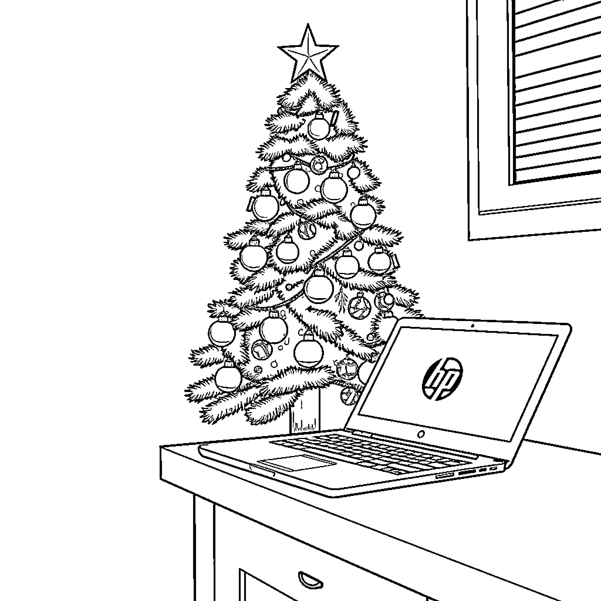 Christmas Tree with Laptop Beside It Coloring Page (free black-and-white line drawing printable PDF for all, from beginners to advanced learners, including children, teens, adults, and seniors)