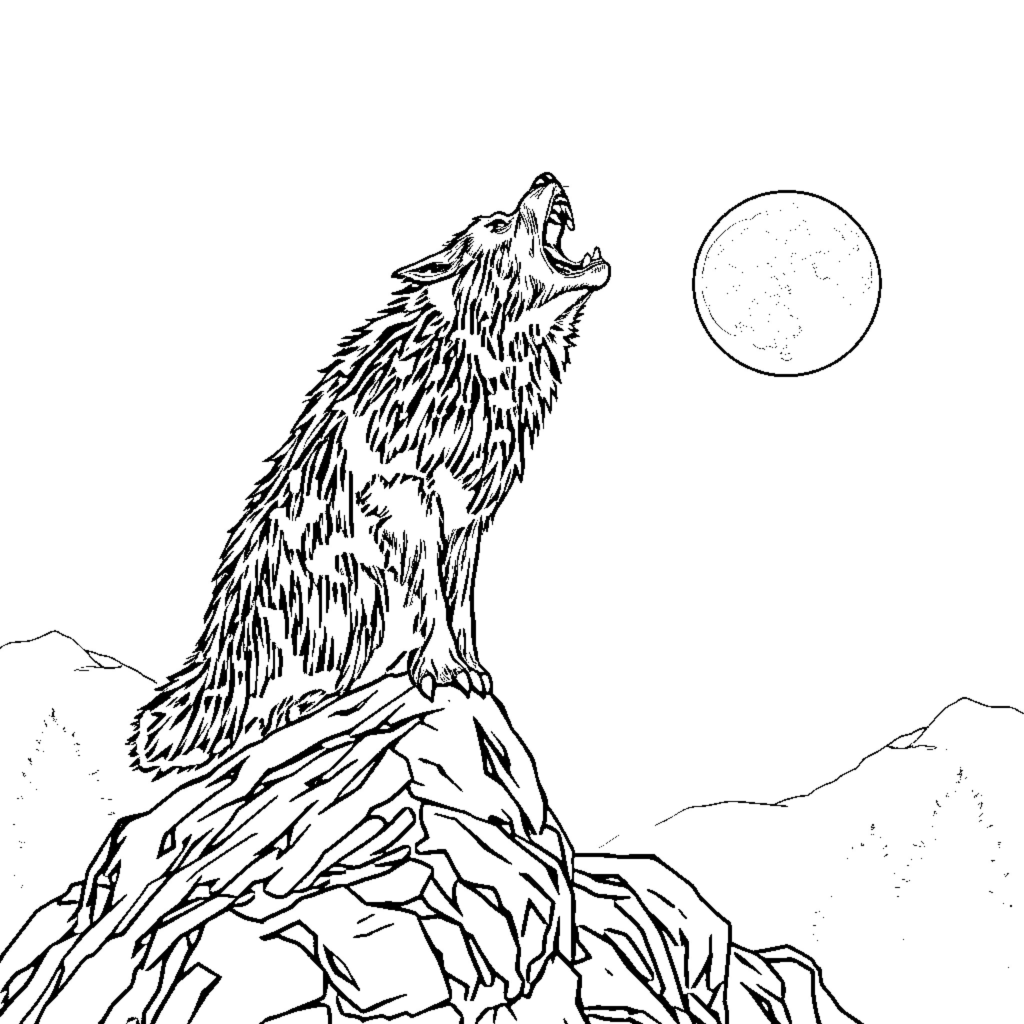 Werewolf howling at the moon atop a rocky outcrop Coloring Page (free black-and-white line drawing printable PDF for all, from beginners to advanced learners, including children, teens, adults, and seniors)