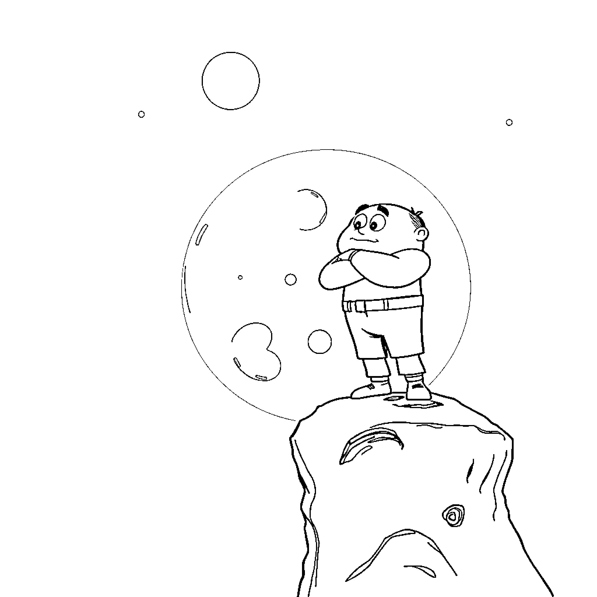 Gru admiring the moon and stars Coloring Page (free black-and-white line drawing printable PDF for all, from beginners to advanced learners, including children, teens, adults, and seniors)
