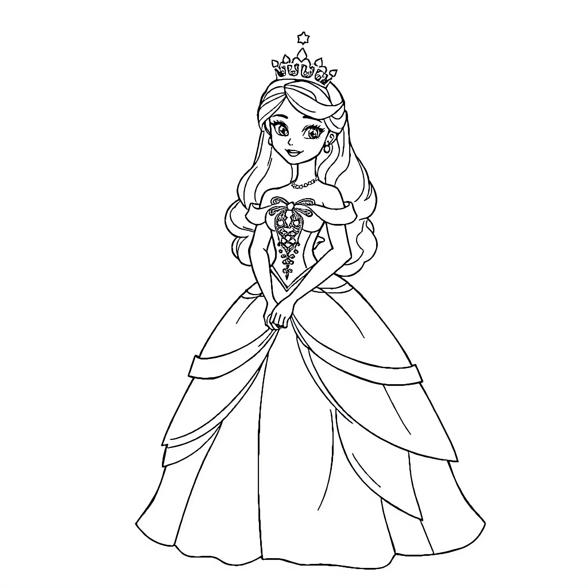 Princess wearing elegant gown and crown Coloring Page (free black-and-white line drawing printable PDF for all, from beginners to advanced learners, including children, teens, adults, and seniors)