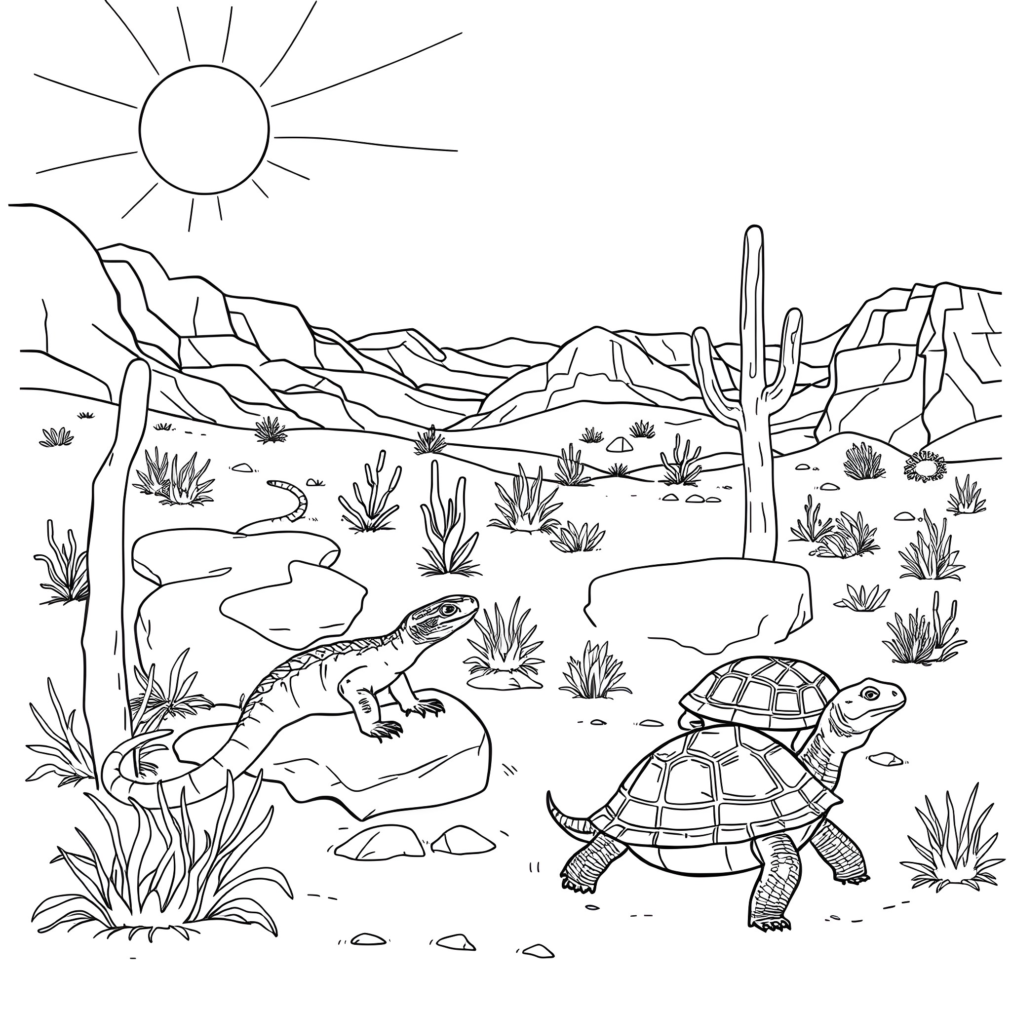 Reptile exploring desert landscape Coloring Page (free black-and-white line drawing printable PDF for all, from beginners to advanced learners, including children, teens, adults, and seniors)