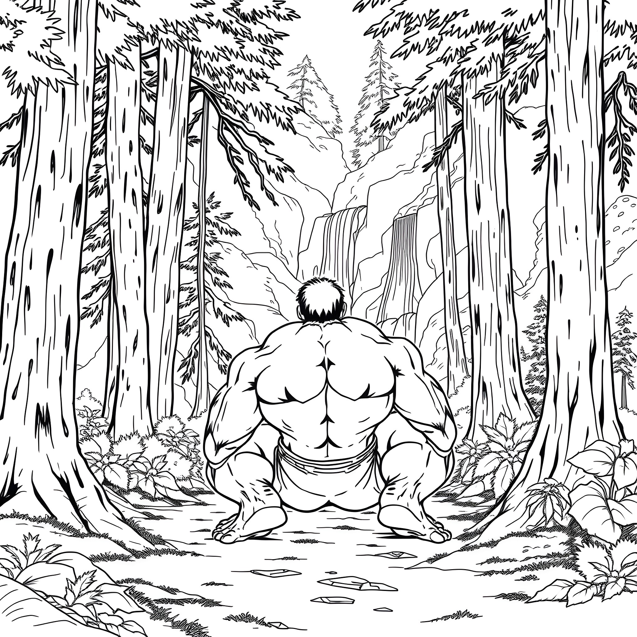Hulk Resting in Serene Forest Landscape Coloring Page (free black-and-white line drawing printable PDF for all, from beginners to advanced learners, including children, teens, adults, and seniors)