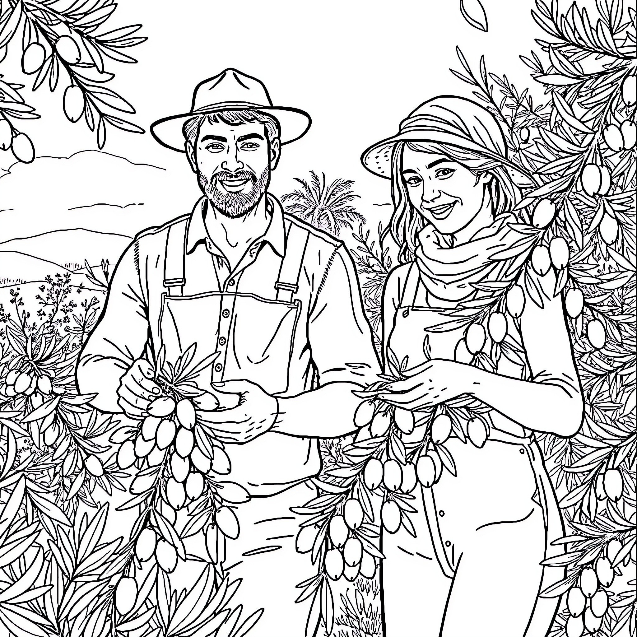 Farmer couple harvesting olives in their olive grove Coloring Page (free black-and-white line drawing printable PDF for all, from beginners to advanced learners, including children, teens, adults, and seniors)