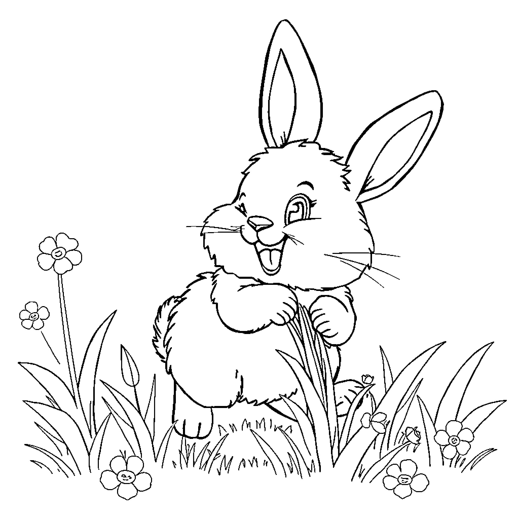 Bunny frolicking amidst flowers in the meadow Coloring Page (free black-and-white line drawing printable PDF for all, from beginners to advanced learners, including children, teens, adults, and seniors)