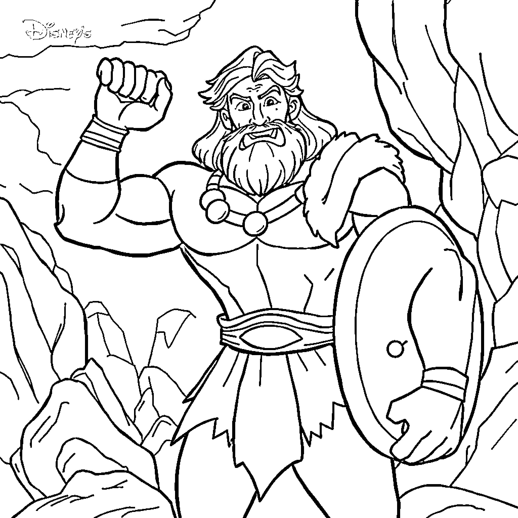 Hercules flexing muscles in rugged mountain landscape Coloring Page (free black-and-white line drawing printable PDF for all, from beginners to advanced learners, including children, teens, adults, and seniors)