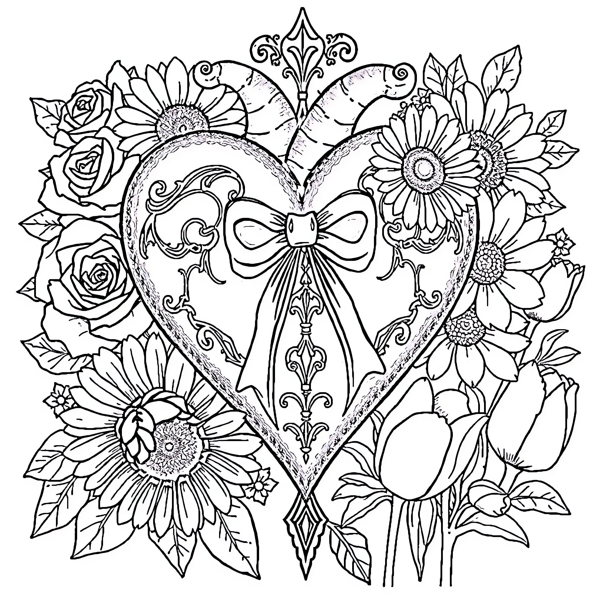 Heart adorned with floral designs and a decorative bow Coloring Page (free black-and-white line drawing printable PDF for all, from beginners to advanced learners, including children, teens, adults, and seniors)