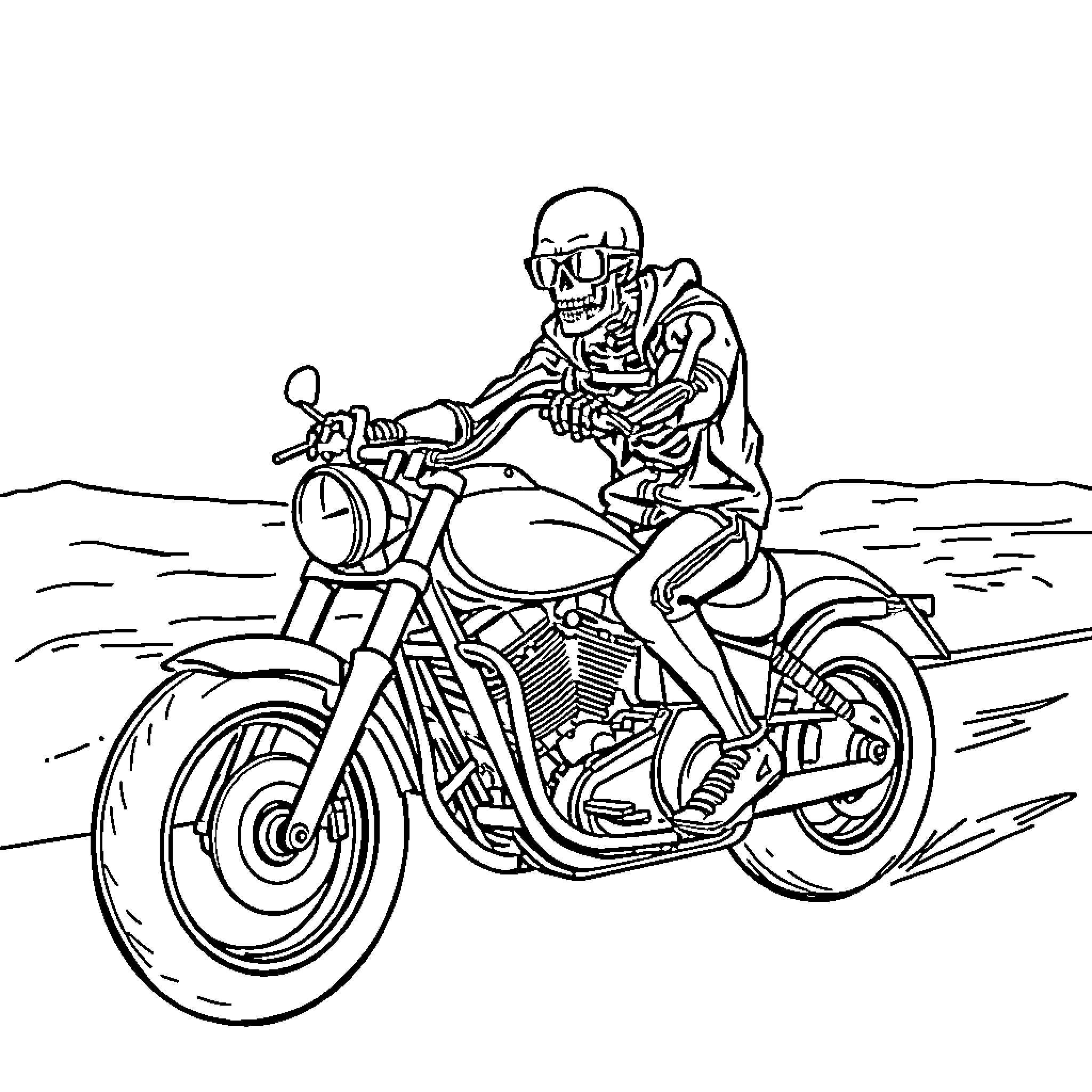 Motorcycle rider in action scene Coloring Page (free black-and-white line drawing printable PDF for all, from beginners to advanced learners, including children, teens, adults, and seniors)