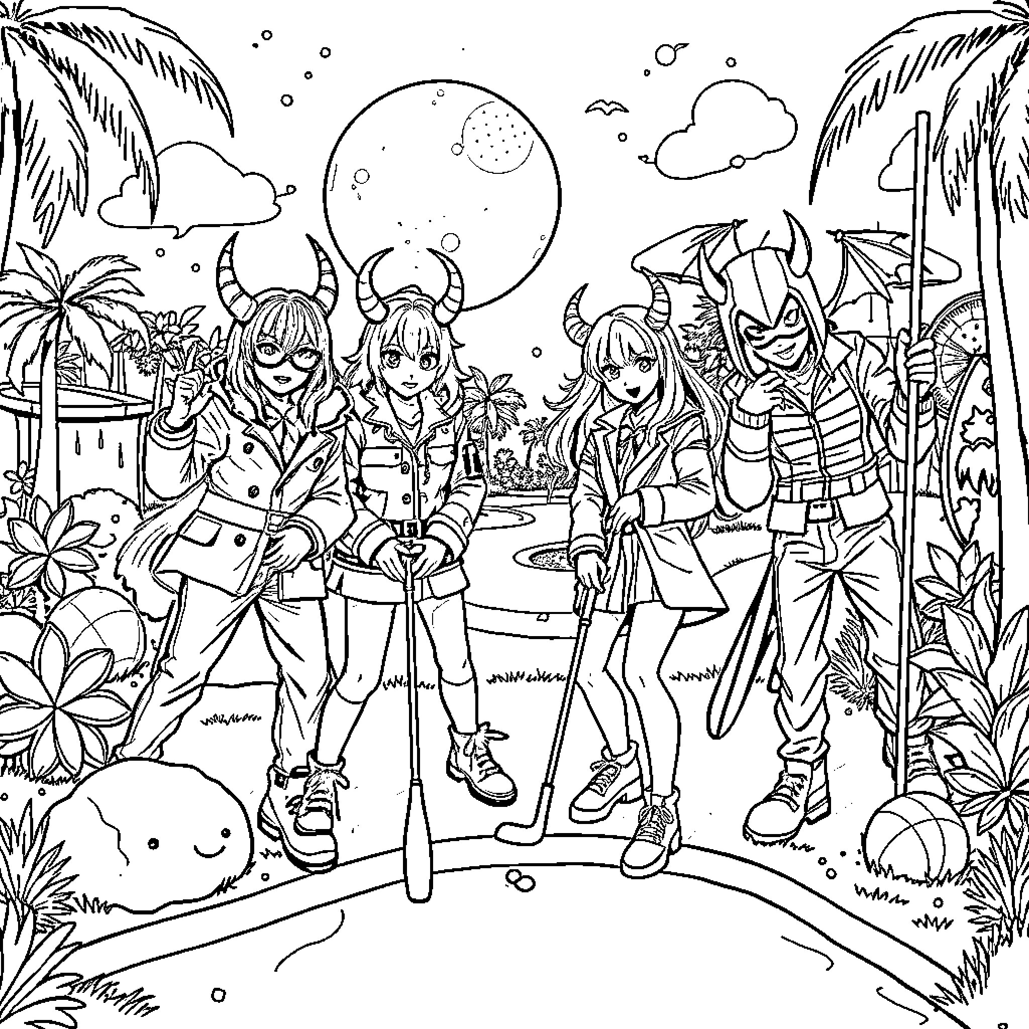 Demon Hunter Warriors on a Tropical Adventure Coloring Page (free black-and-white line drawing printable PDF for all, from beginners to advanced learners, including children, teens, adults, and seniors)