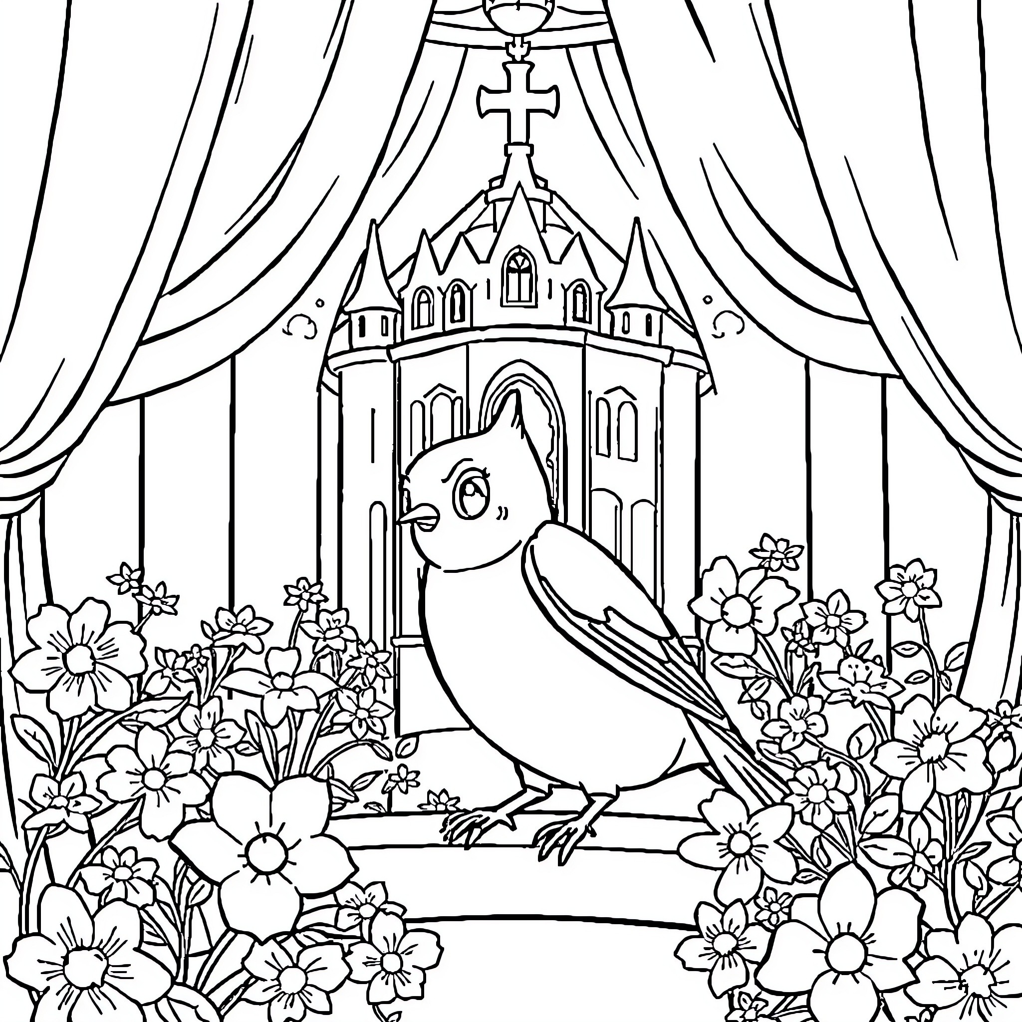 Paw Patrol Princess Castle with Cute Bird and Flowers Coloring Page (free black-and-white line drawing printable PDF for all, from beginners to advanced learners, including children, teens, adults, and seniors)