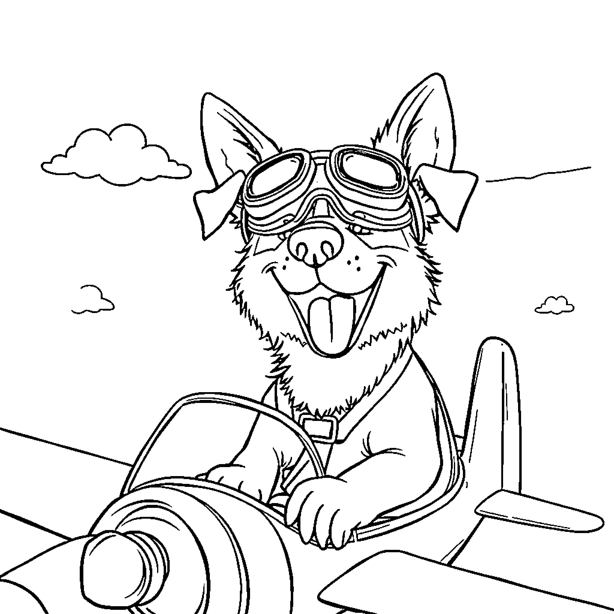 Dog Pilot Flying Airplane with Goggles Coloring Page (free black-and-white line drawing printable PDF for all, from beginners to advanced learners, including children, teens, adults, and seniors)