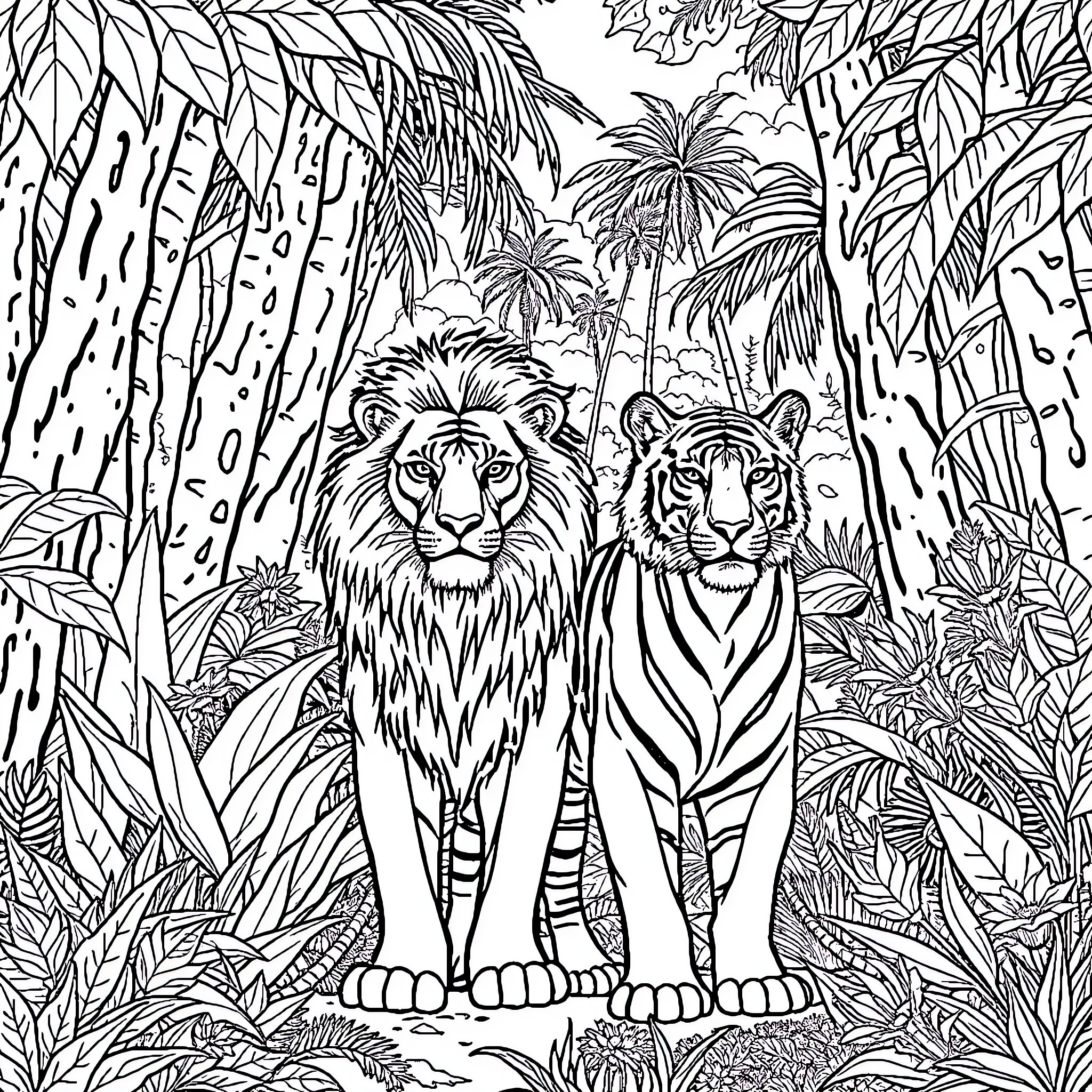 Lion Duo in Tropical Jungle Landscape Coloring Page (free black-and-white line drawing printable PDF for all, from beginners to advanced learners, including children, teens, adults, and seniors)