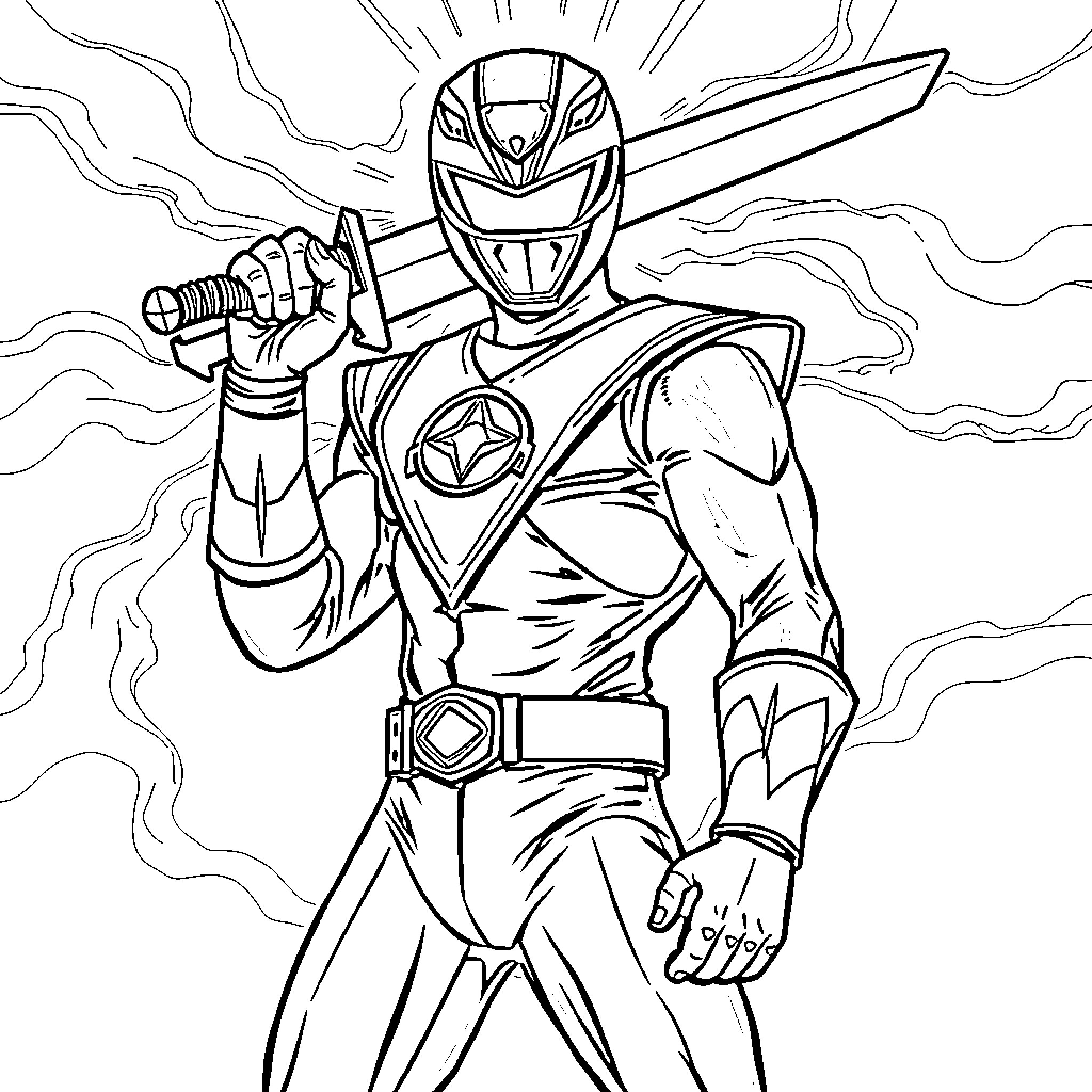 Power Ranger in Action Pose with Weapon Coloring Page (free black-and-white line drawing printable PDF for all, from beginners to advanced learners, including children, teens, adults, and seniors)