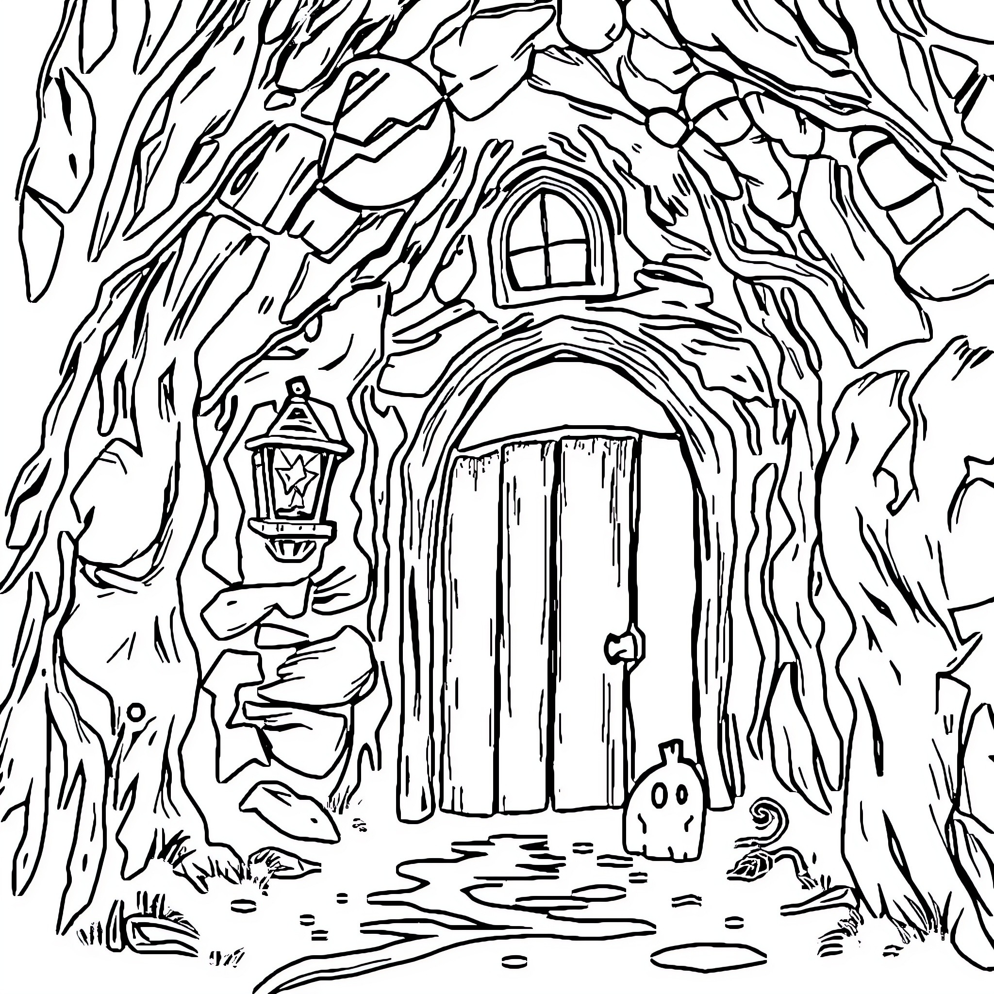 Scary Fairy Tale Forest Cottage Entrance Coloring Page (free black-and-white line drawing printable PDF for all, from beginners to advanced learners, including children, teens, adults, and seniors)