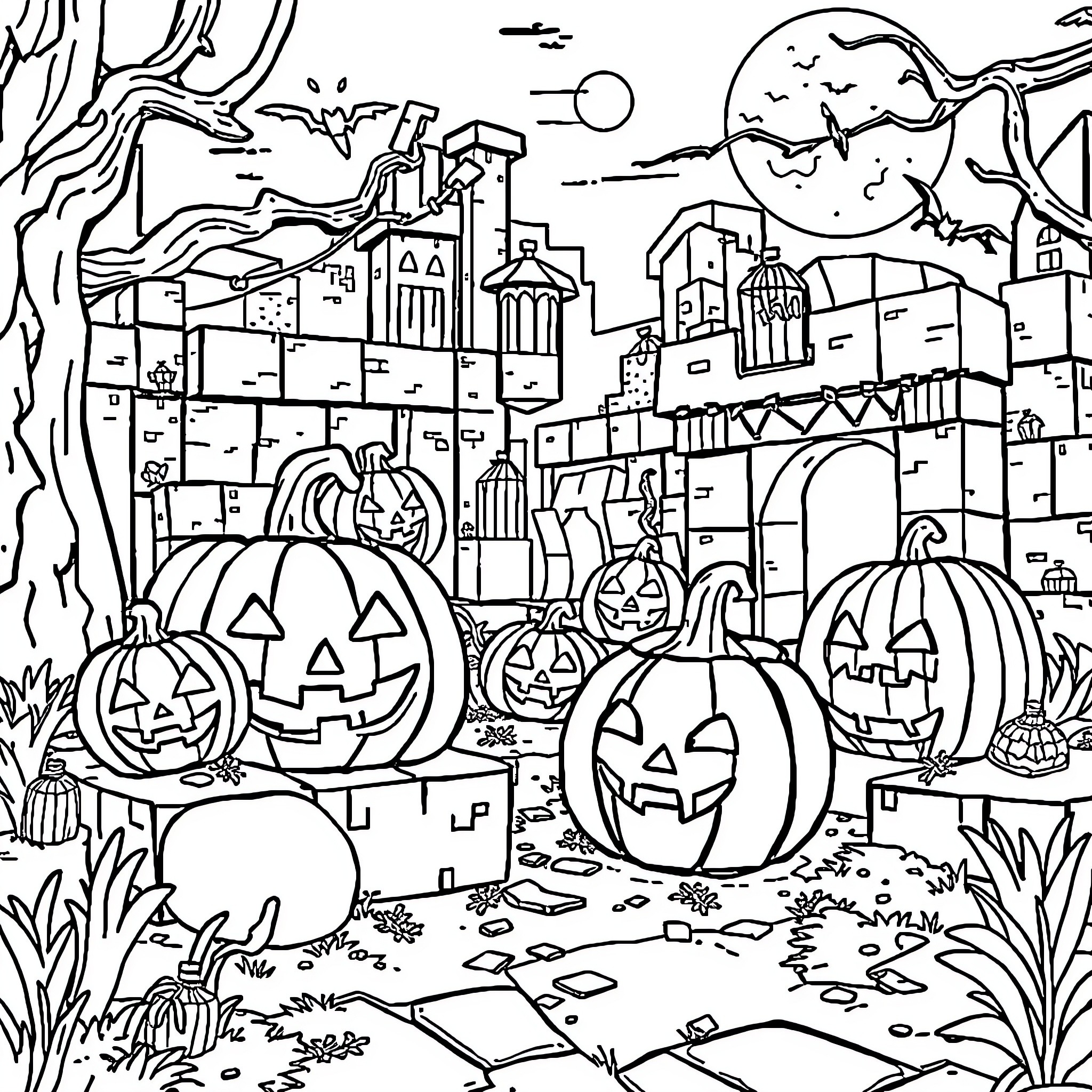 Minecraft Halloween Town with Pumpkins and Spooky Decor Coloring Page (free black-and-white line drawing printable PDF for all, from beginners to advanced learners, including children, teens, adults, and seniors)