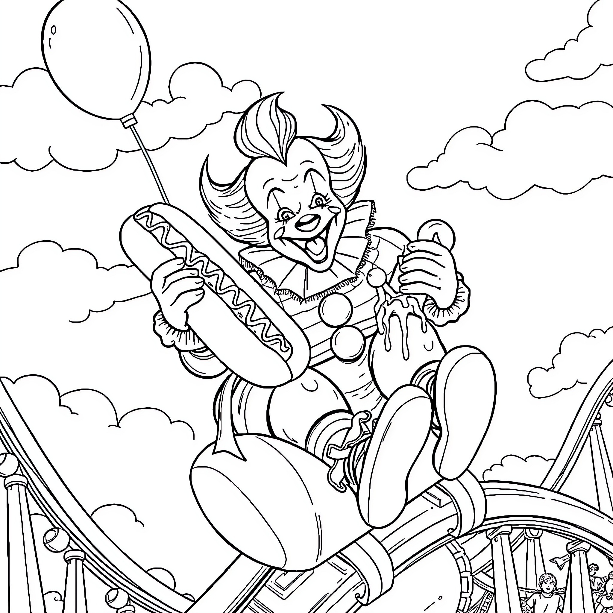 Pennywise the Clown Riding a Roller Coaster Joyfully Coloring Page (free black-and-white line drawing printable PDF for all, from beginners to advanced learners, including children, teens, adults, and seniors)