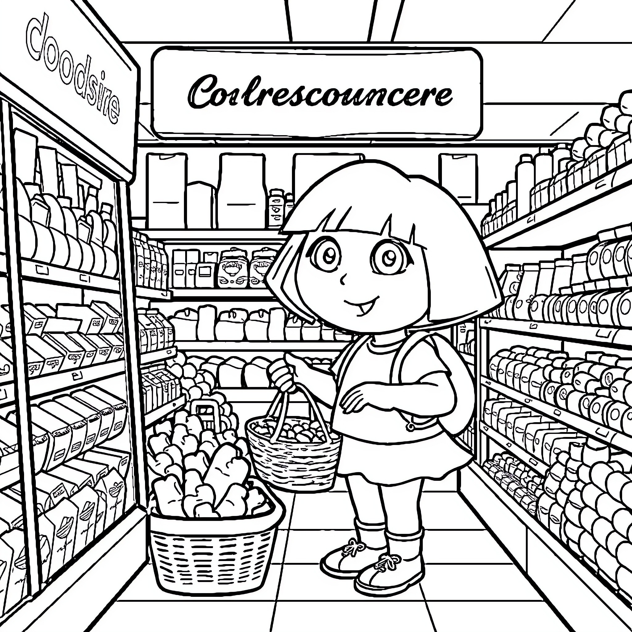 Dora Explores the Grocery Store Coloring Page (free black-and-white line drawing printable PDF for all, from beginners to advanced learners, including children, teens, adults, and seniors)