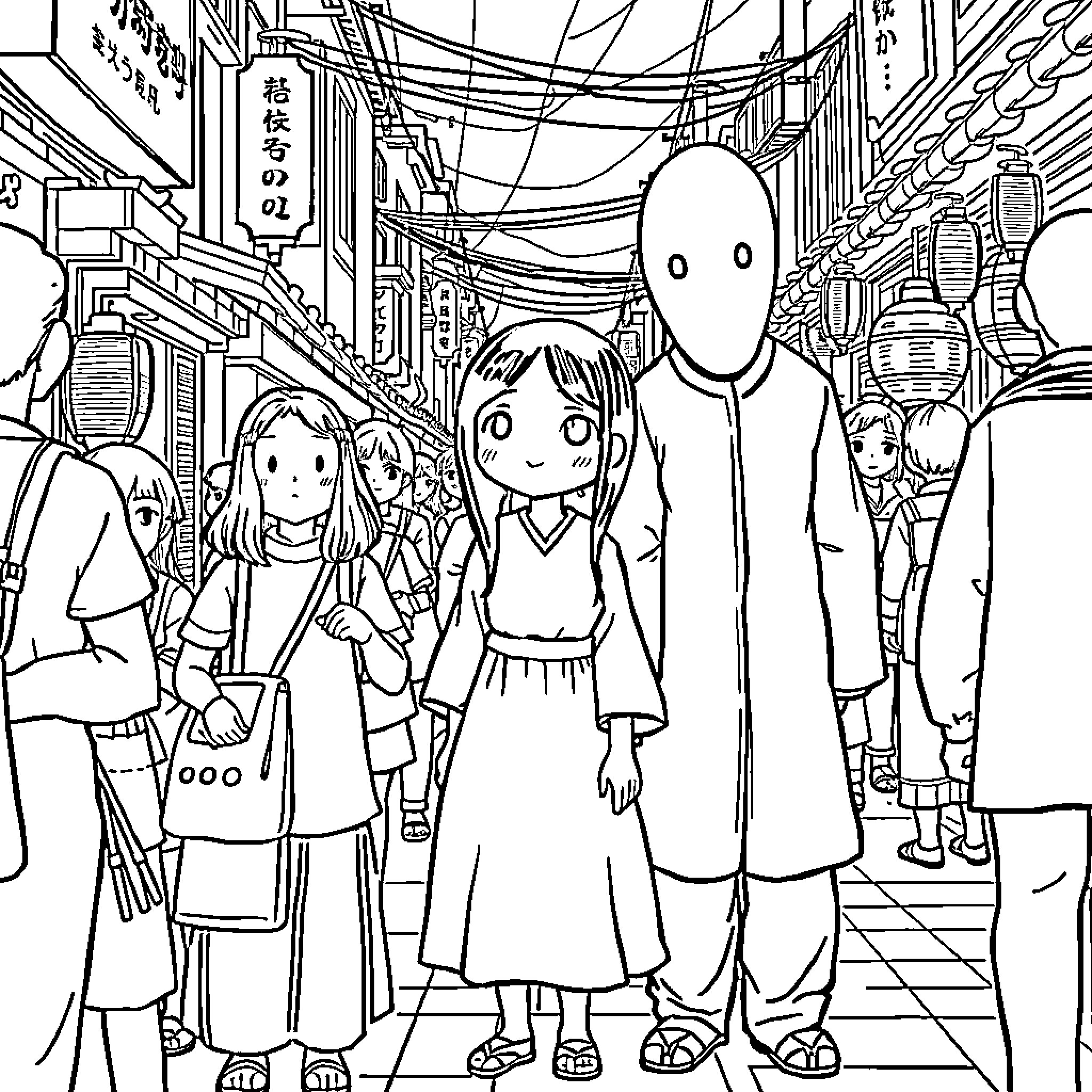 Characters exploring a bustling Japanese street scene Coloring Page (free black-and-white line drawing printable PDF for all, from beginners to advanced learners, including children, teens, adults, and seniors)