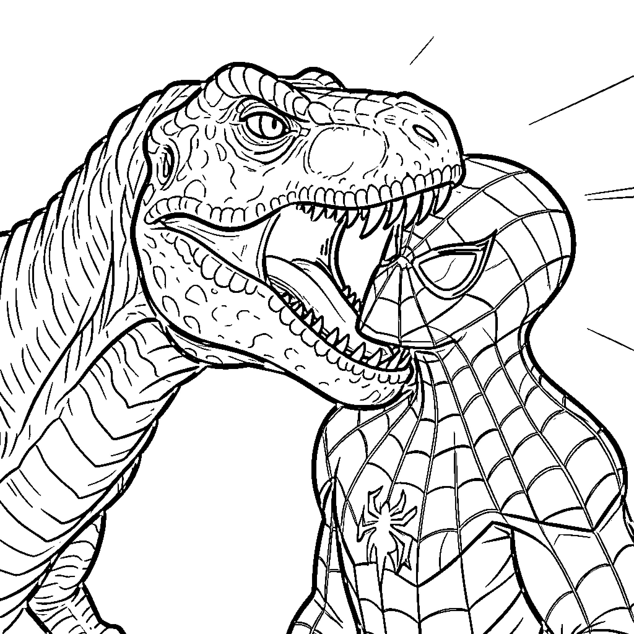 Dinosaur roaring aggressively at a superhero character Coloring Page (free black-and-white line drawing printable PDF for all, from beginners to advanced learners, including children, teens, adults, and seniors)
