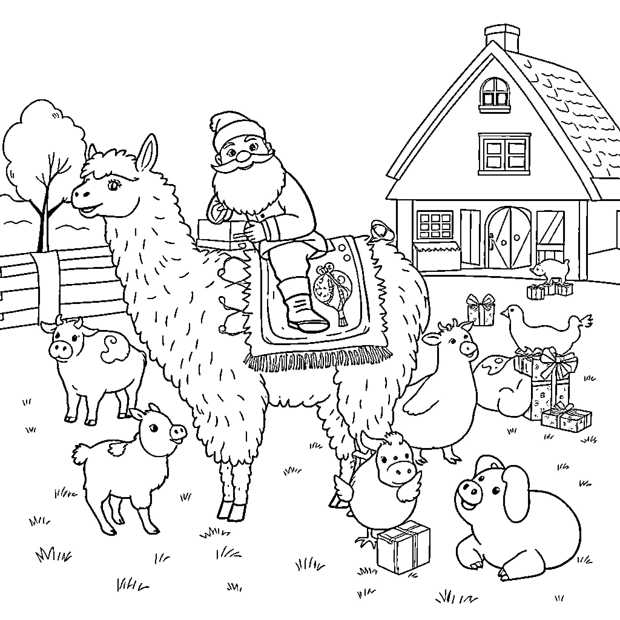 Sinterklaas riding a festive llama with playful pets Coloring Page (free black-and-white line drawing printable PDF for all, from beginners to advanced learners, including children, teens, adults, and seniors)