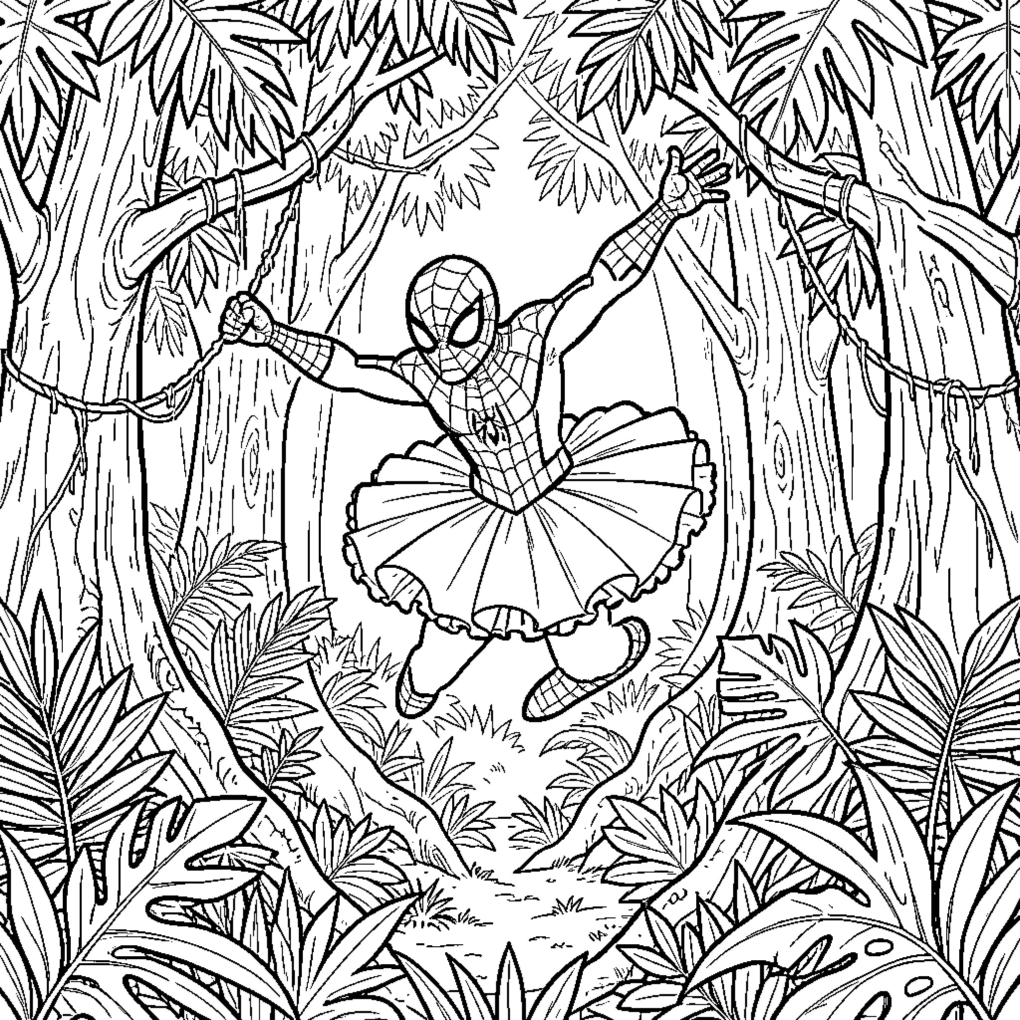 Spiderman dancing in a tutu in the jungle Coloring Page (free black-and-white line drawing printable PDF for all, from beginners to advanced learners, including children, teens, adults, and seniors)